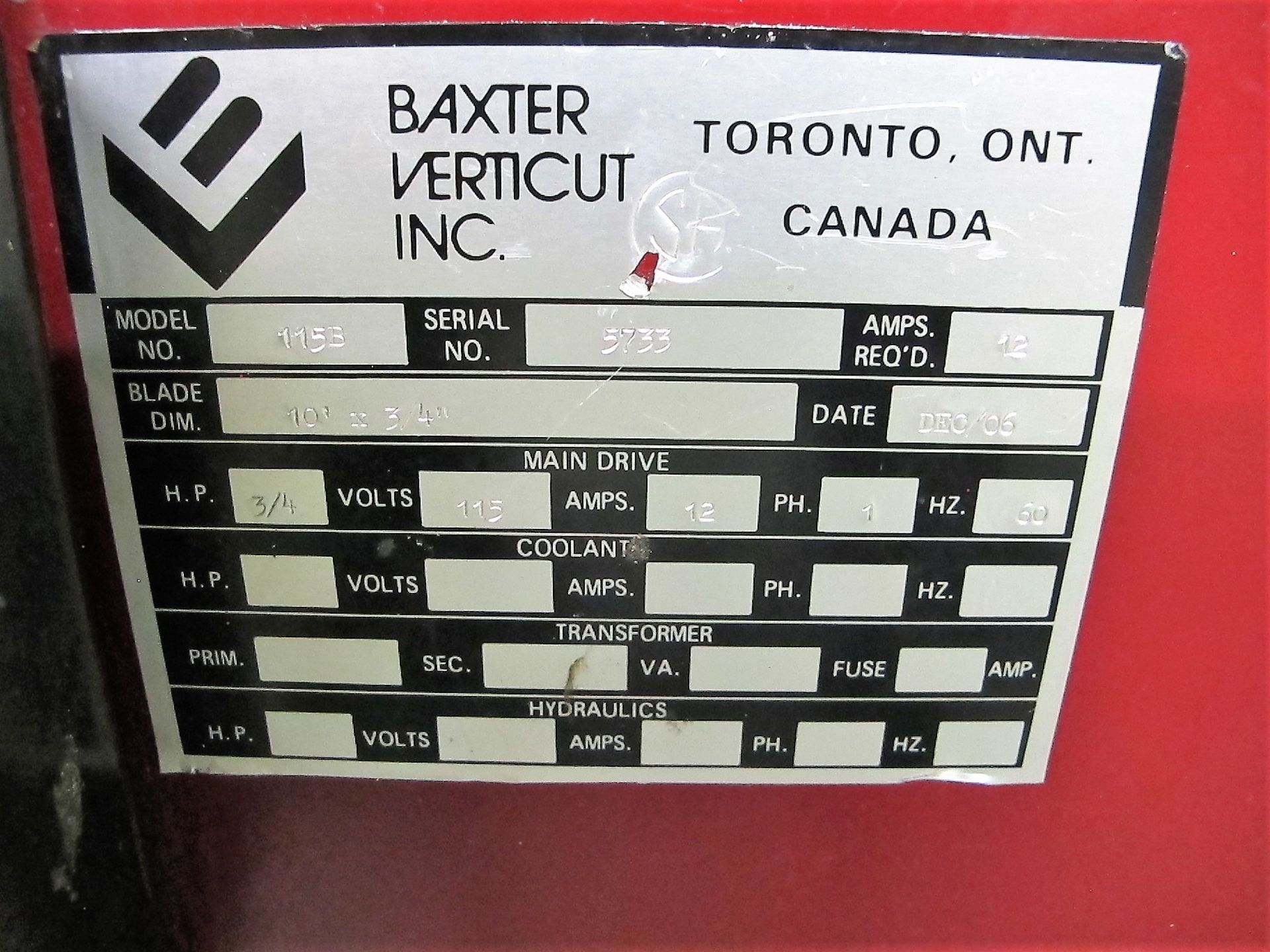 BAXTER VERTICUT 115B VERTICAL BAND SAW, 120" BLADE, S/N 5733 W/ROLLER CONVEYOR - Image 2 of 3