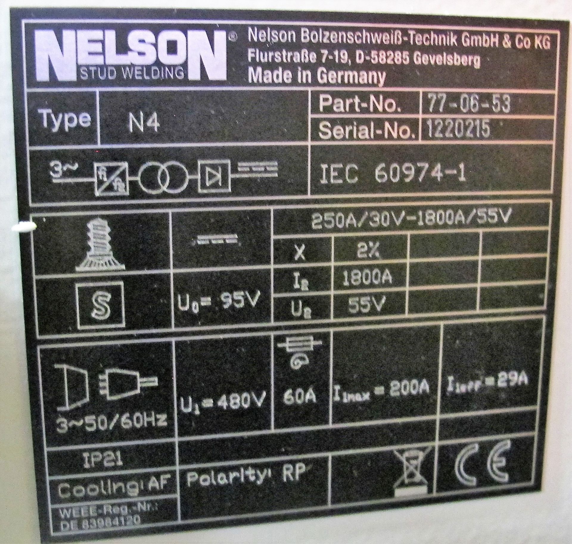 NELSON N4 STUD WELDER, PART NO. 77-06-53, S/N 1220215, PENDANT CONTROL, NELSON STEUERBOX NTC-1SE, - Image 6 of 12