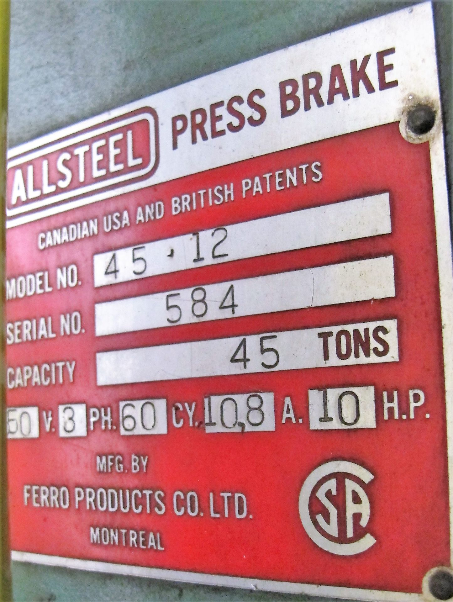 ALLSTEEL 45-12 HYDRAULIC PRESS BRAKE, 45 TON X 12' CAPACITY, S/N 584, SAFETY FENCING - Image 8 of 8