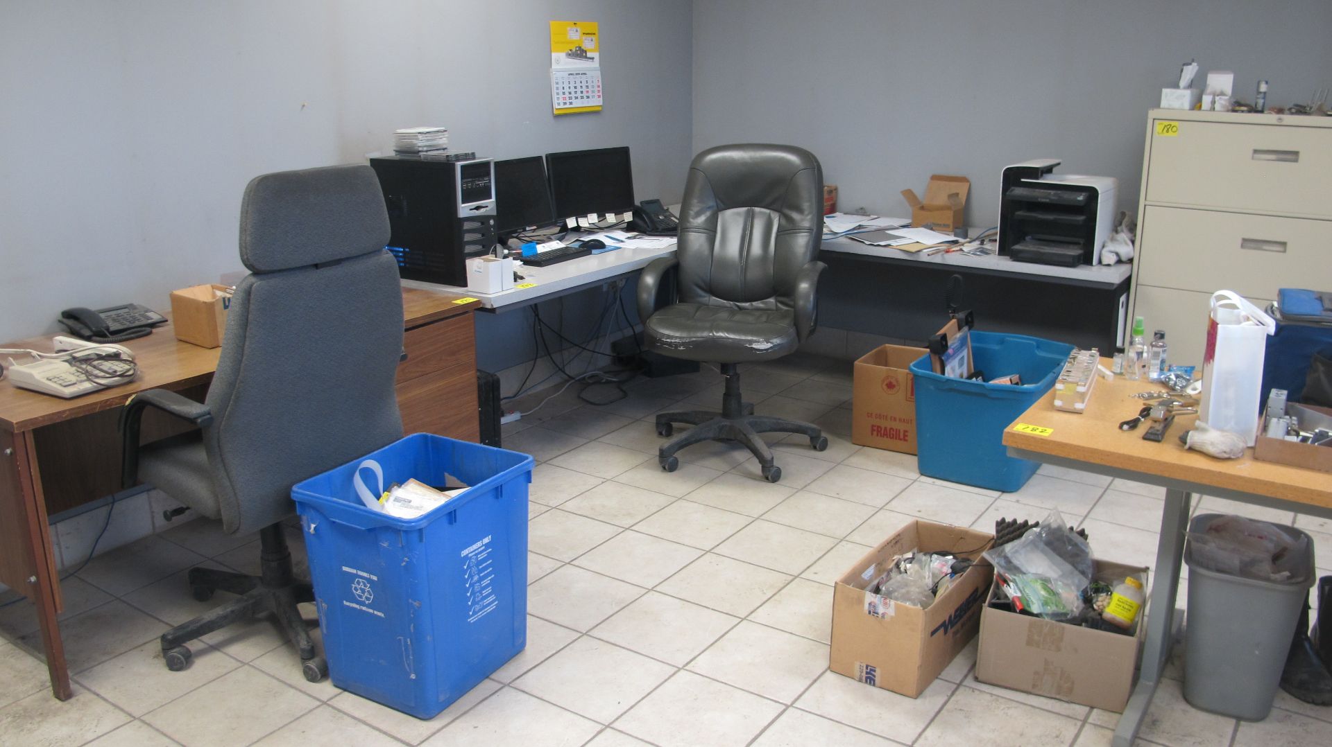 REMAINING FURNTIURE IN OFFICE INCLUDING DESKS, CHAIRS, WHITEBOARD, COAT RACK, SHELF, ETC. - Image 2 of 2