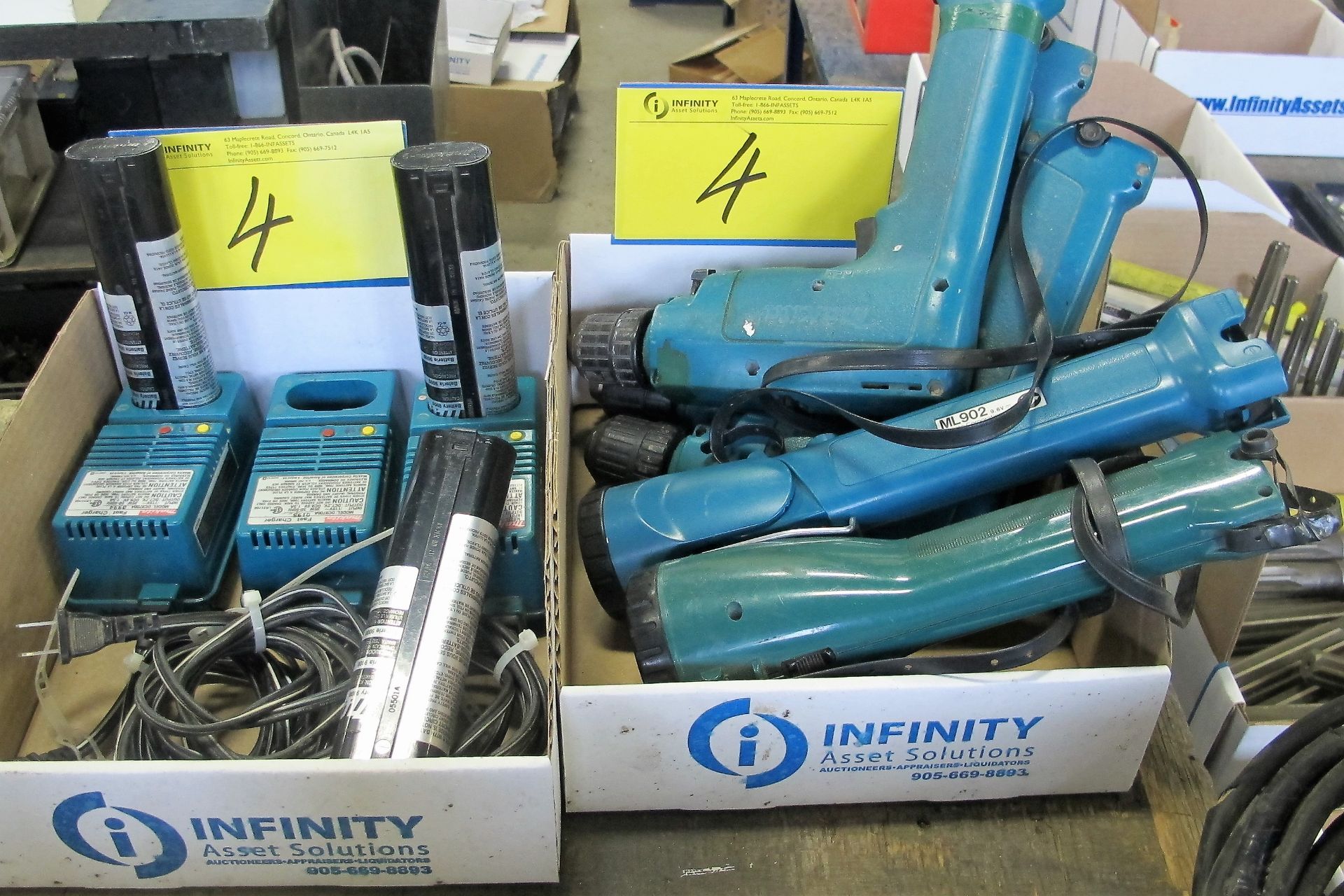 LOT (2) BOXES OF MAKITA CORDLESS DRILLS, FLASHLIGHTS, BATTERIES, CHARGERS, ETC.