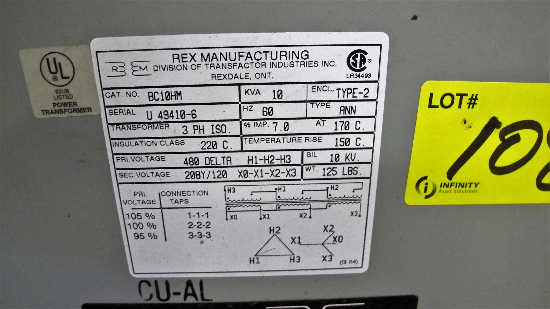 REX MANUFACTURING 10KVA TRANSFORMER, 480 PRIMARY, 208/120 SECONDARY - Image 2 of 2