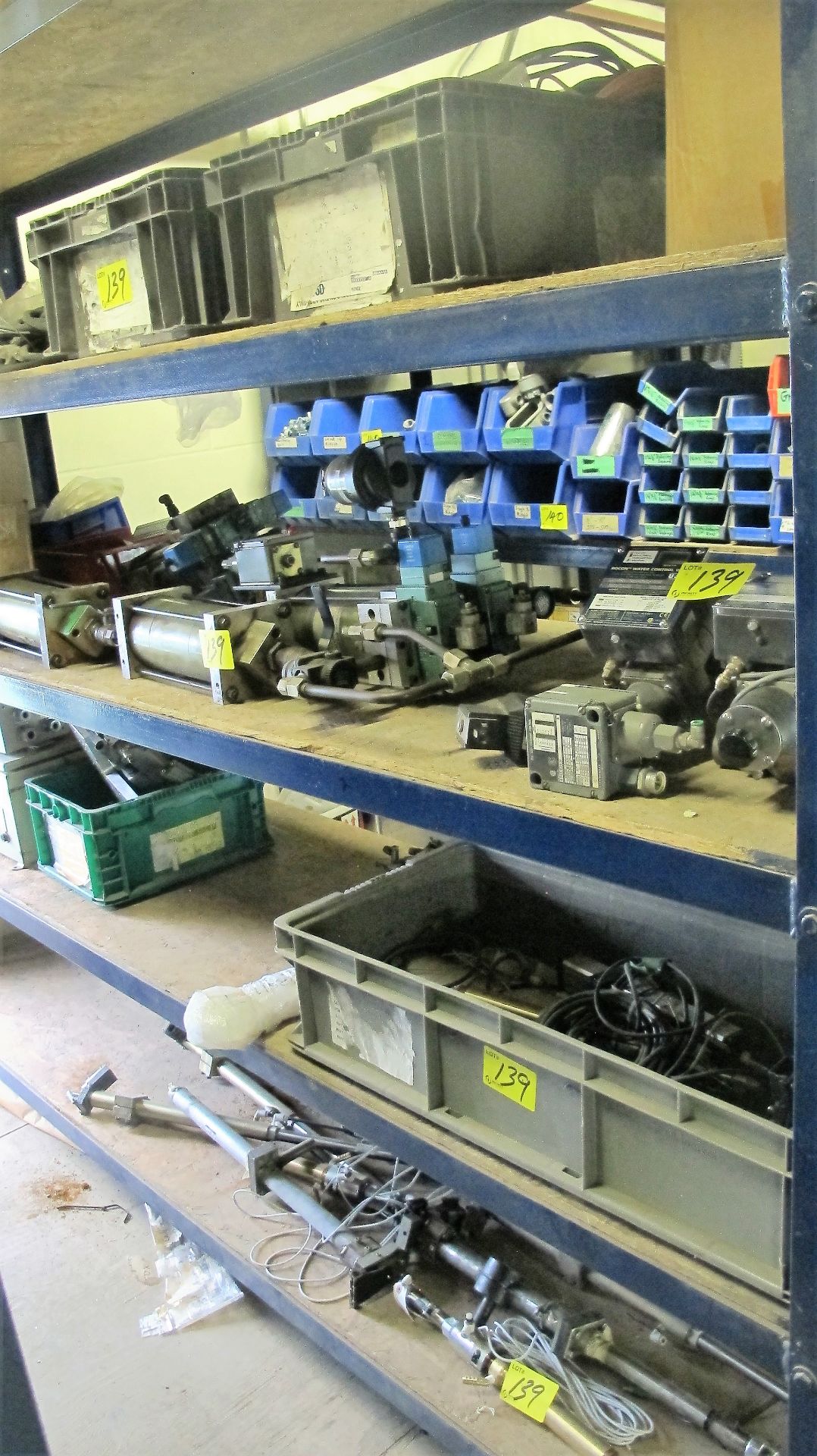 CONTENTS OF (1) METAL RACK INCLUDING WATER CONTROL VALVES, CYLINDERS, SPOT WELDER PARTS, CABLES,