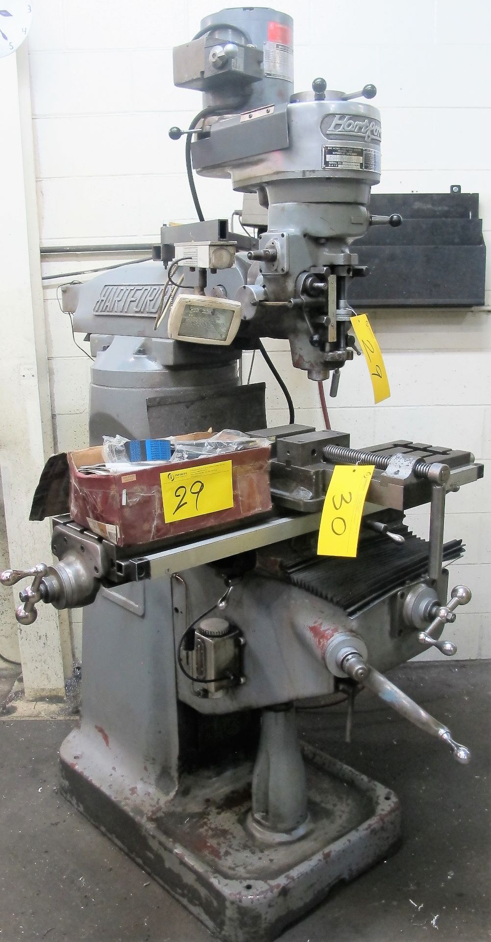 HARTFORD 2S VERTICAL MILLING MACHINE, S/N 801482, MITUTOYO 2-AXIS DRO, 2,720 RPM, 2HP, 9" X 42"