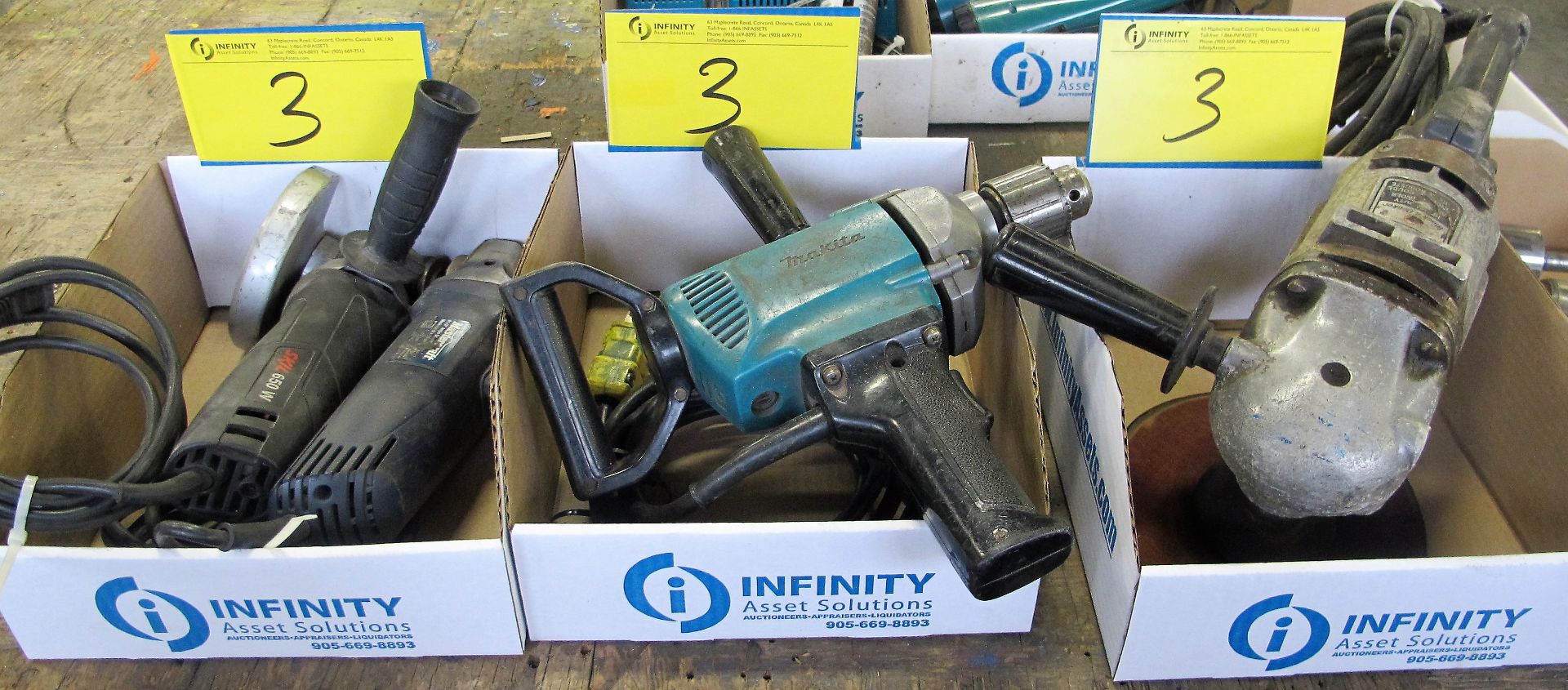 LOT (3) BOXES OF ANGLE GRINDERS, HAMMER DRILLS, ETC.