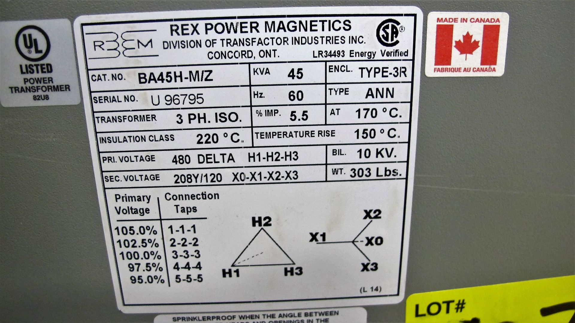 REX POWER MAGNETICS 45KVA TRANSFORMER, 480 PRIMARY, 208/120 SECONDARY - Image 2 of 2