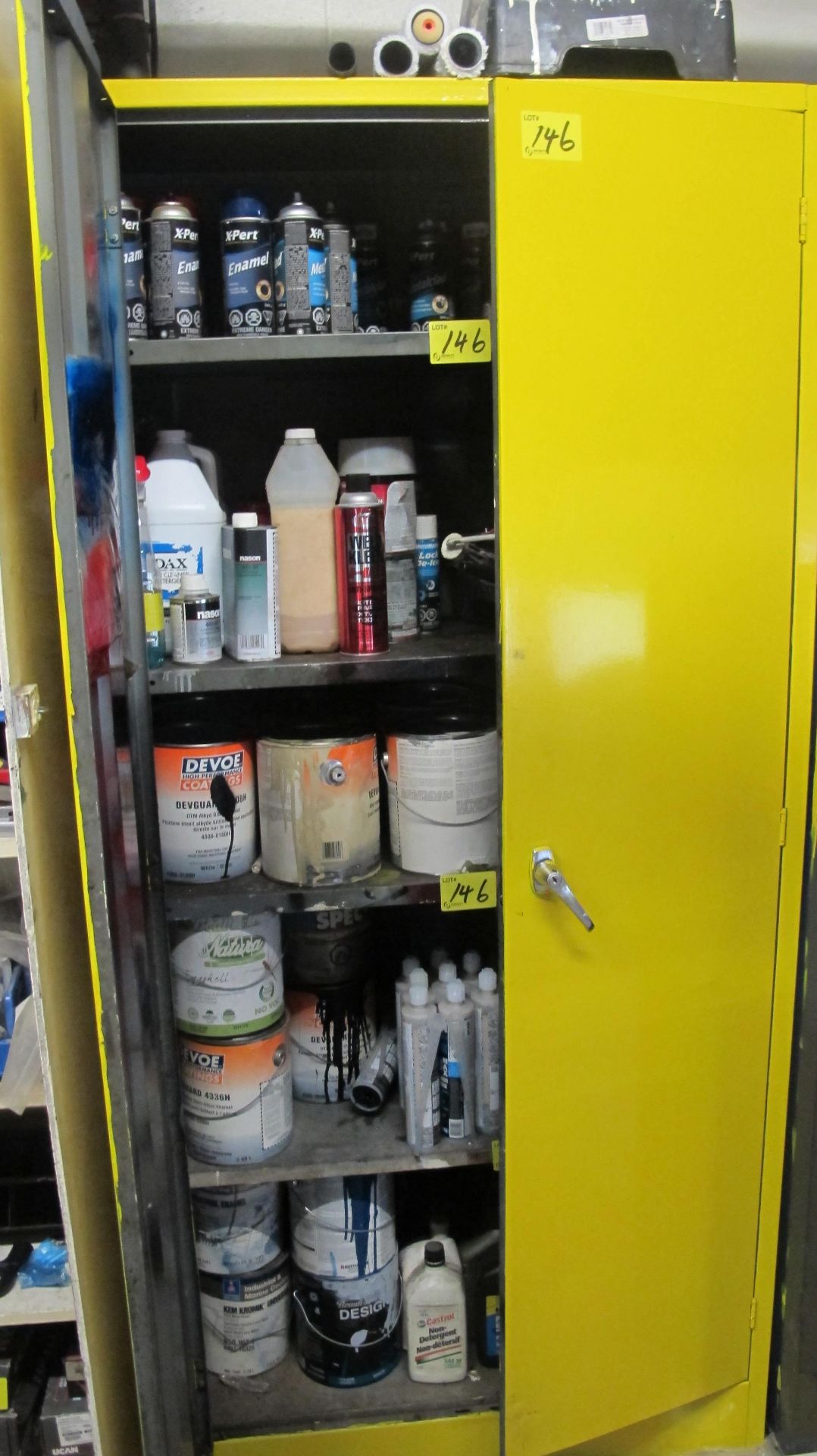 FIREPROOF CABINET W/ CONTENTS INCLUDING PAIN, LUBRICANTS, OILS, ETC. AND YELLOW CABINET MOUNTED ON