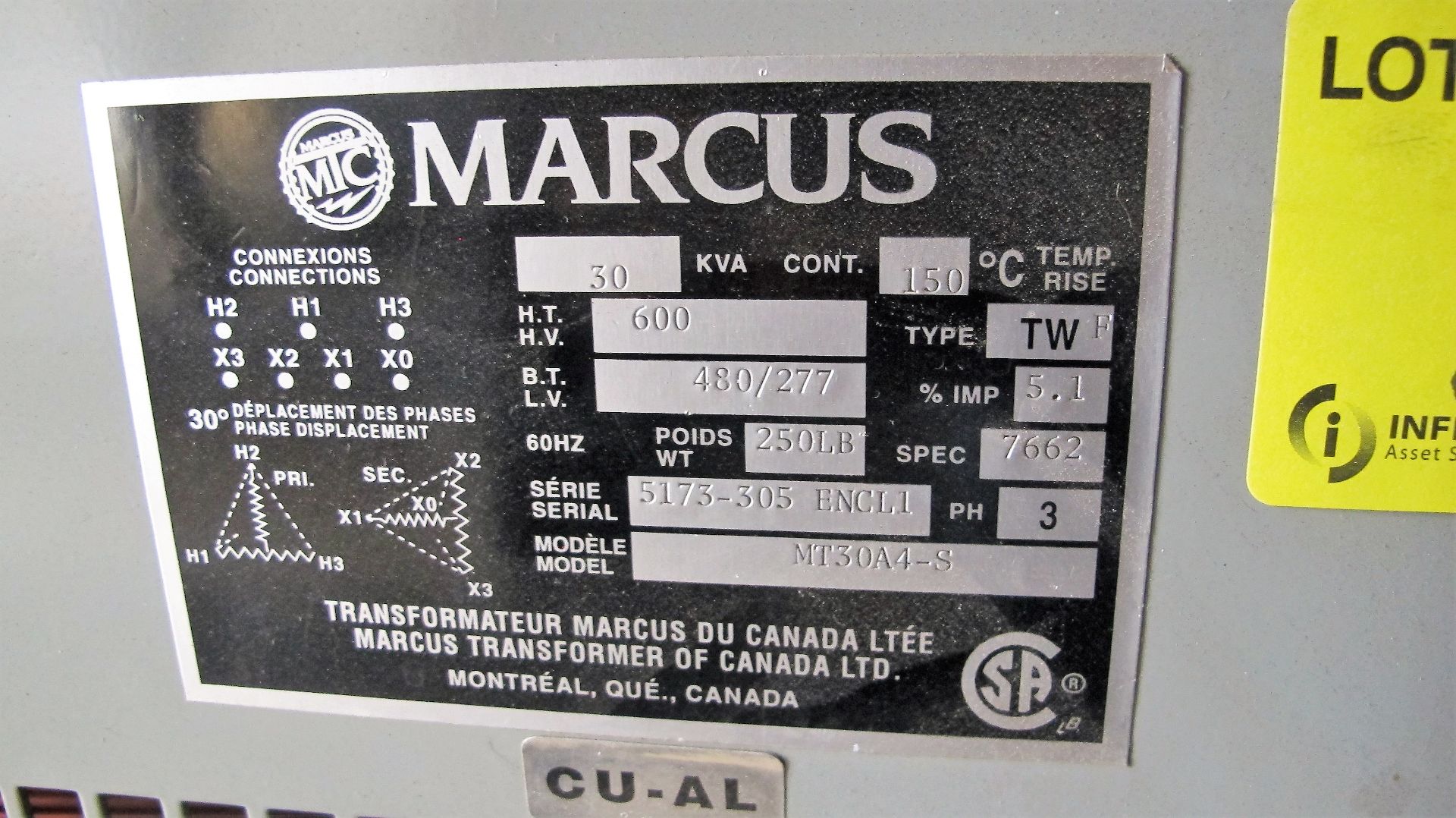 MARCUS 30KVA TRANSFORMER, 600 PRIMARY, 480/277 SECONDARY - Image 2 of 2