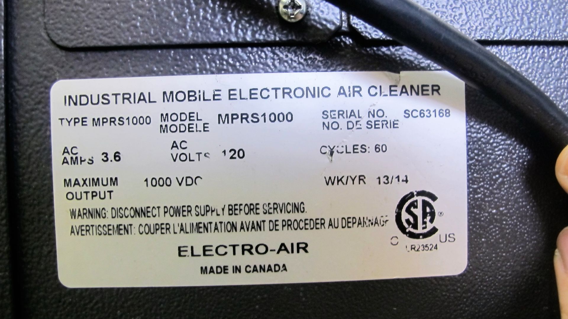 2014 ELECTRO-AIR MPRS1000 PORTABLE FUME EXTRACTOR, S/N SC63168 - Image 4 of 4