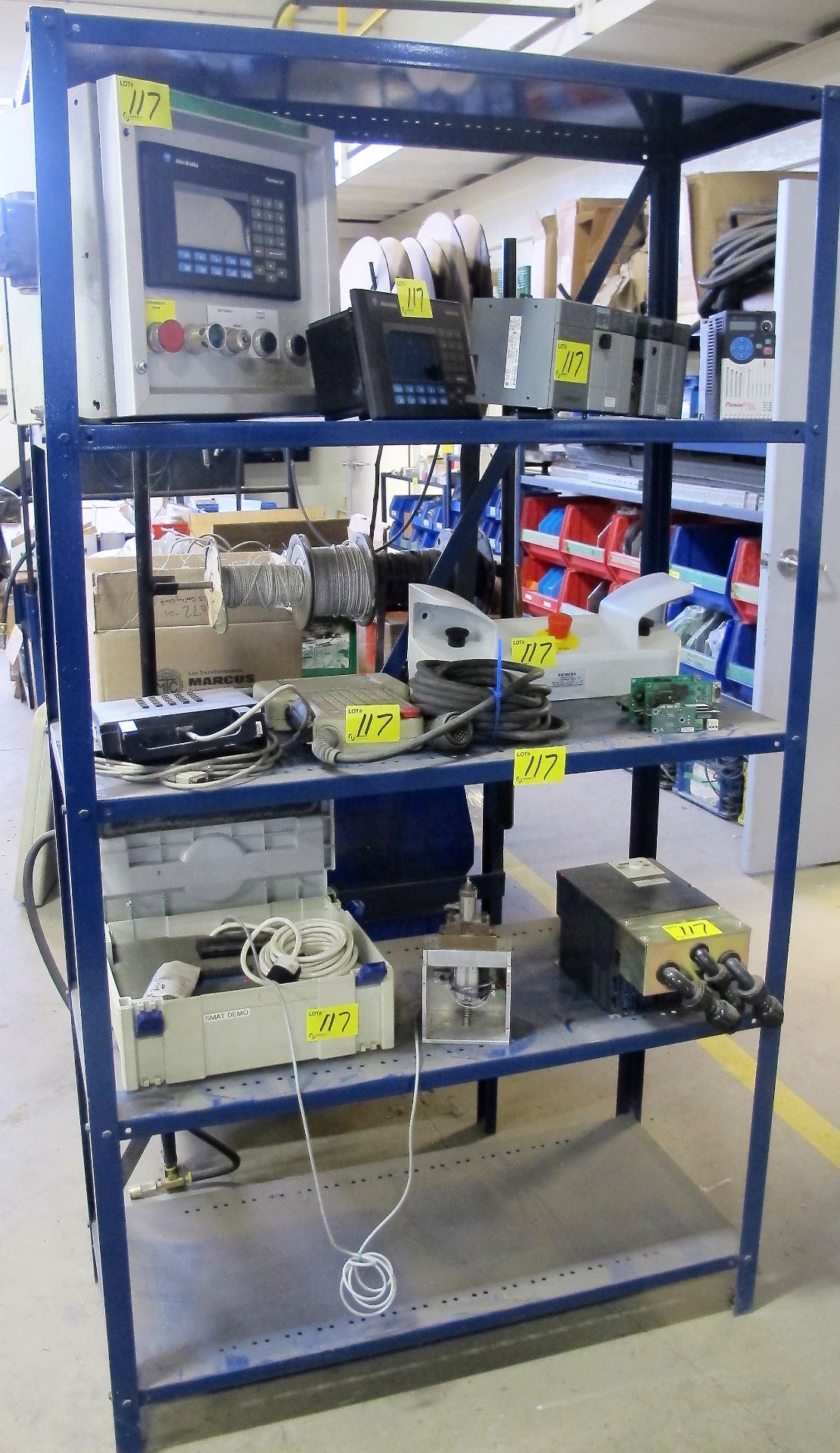 BLUE METAL SHELF W/ CONTENTS INCLUDING ALLEN-BRADLEY CONTROLLERS, POWERFLEX CONTROLLER, SIEMENS