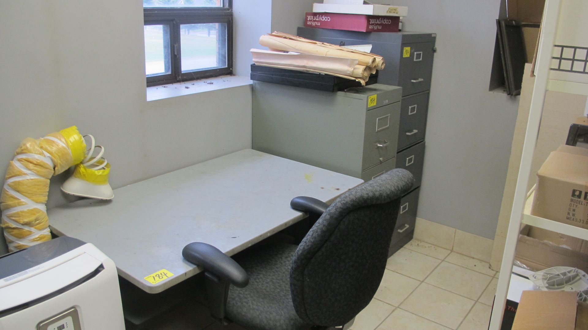 LOT (2) FILE CABINETS, DESK, CHAIR, SHELF