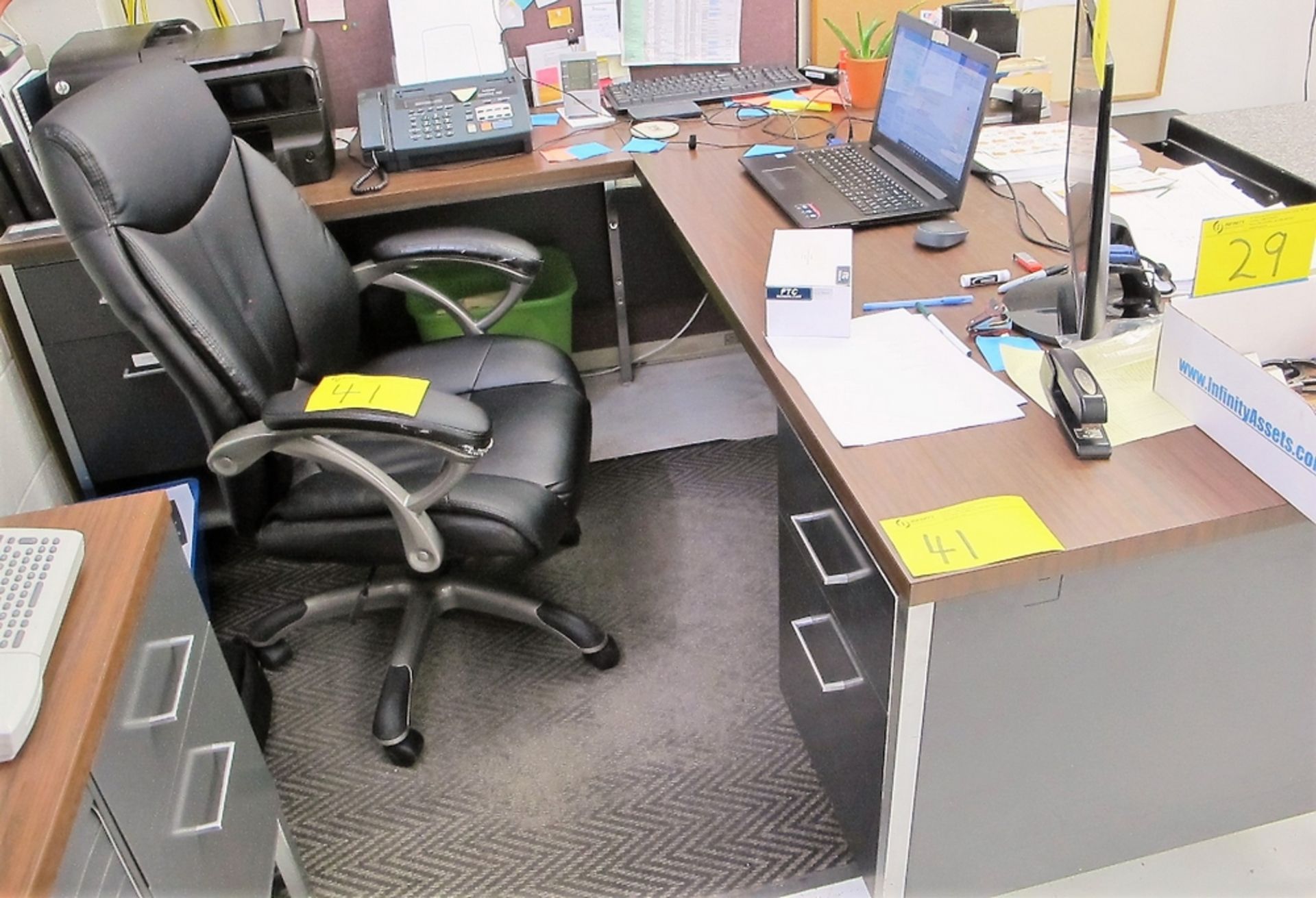 CHAIR/L SHAPED DESK, CREDENZA (NO CONTENTS)