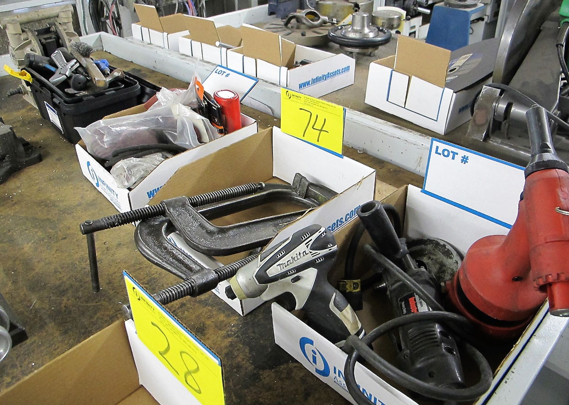 LOT OF C CLAMPS, RIVETER, ANGLE GRINDER, PNEUMATIC SANDING SUPPLIES, TOOLBOX W/TOOLS, INGERSOL