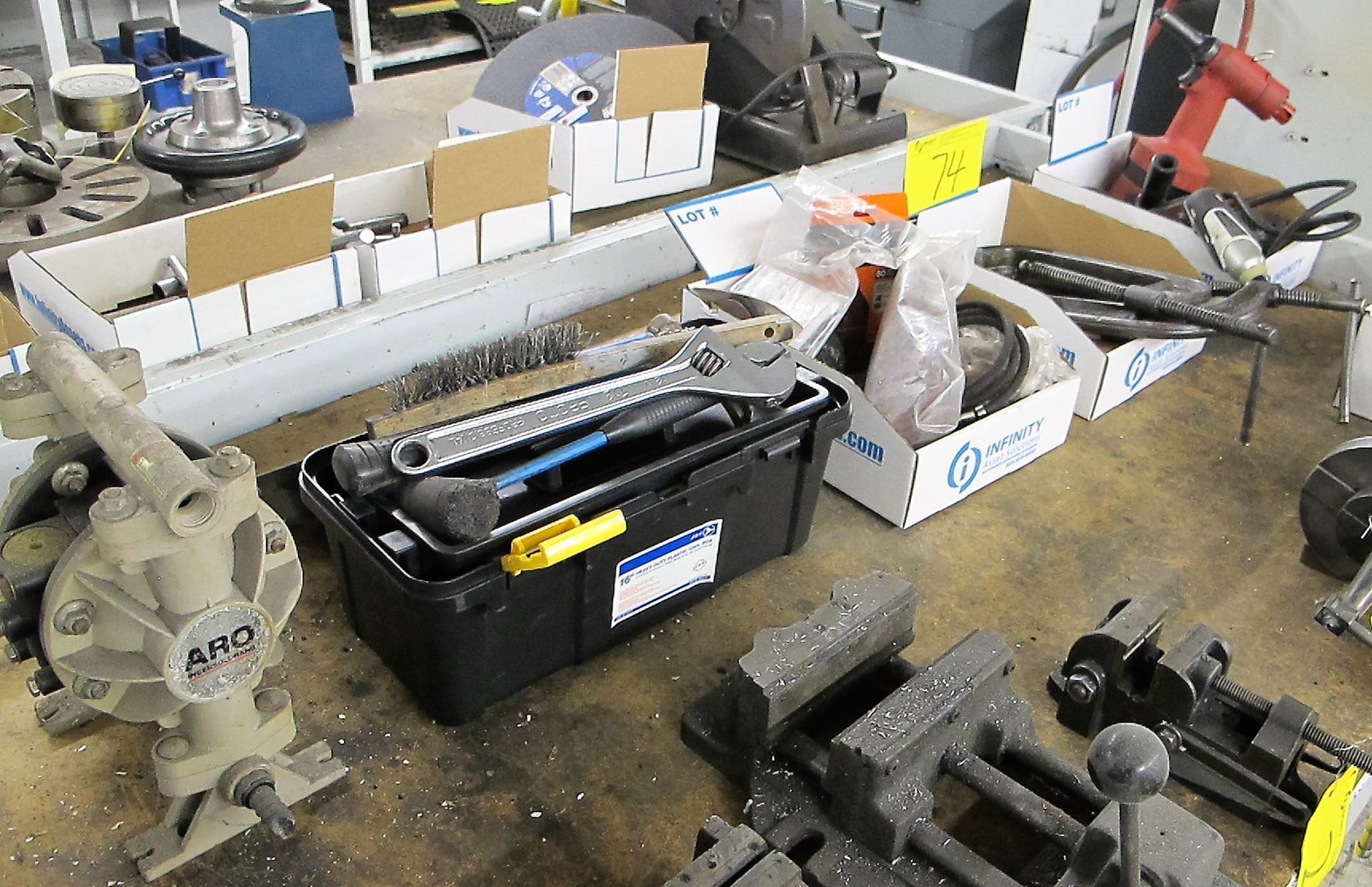 LOT OF C CLAMPS, RIVETER, ANGLE GRINDER, PNEUMATIC SANDING SUPPLIES, TOOLBOX W/TOOLS, INGERSOL - Image 2 of 2