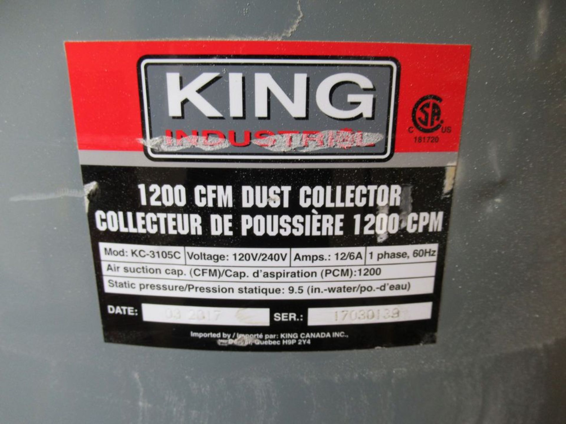 2017 KING INDUSTRIAL KC-3105C 1200 CFM 1.5HP APPROX. PORTABLE DUST COLLECTOR, S/N 17070139 - Image 3 of 4