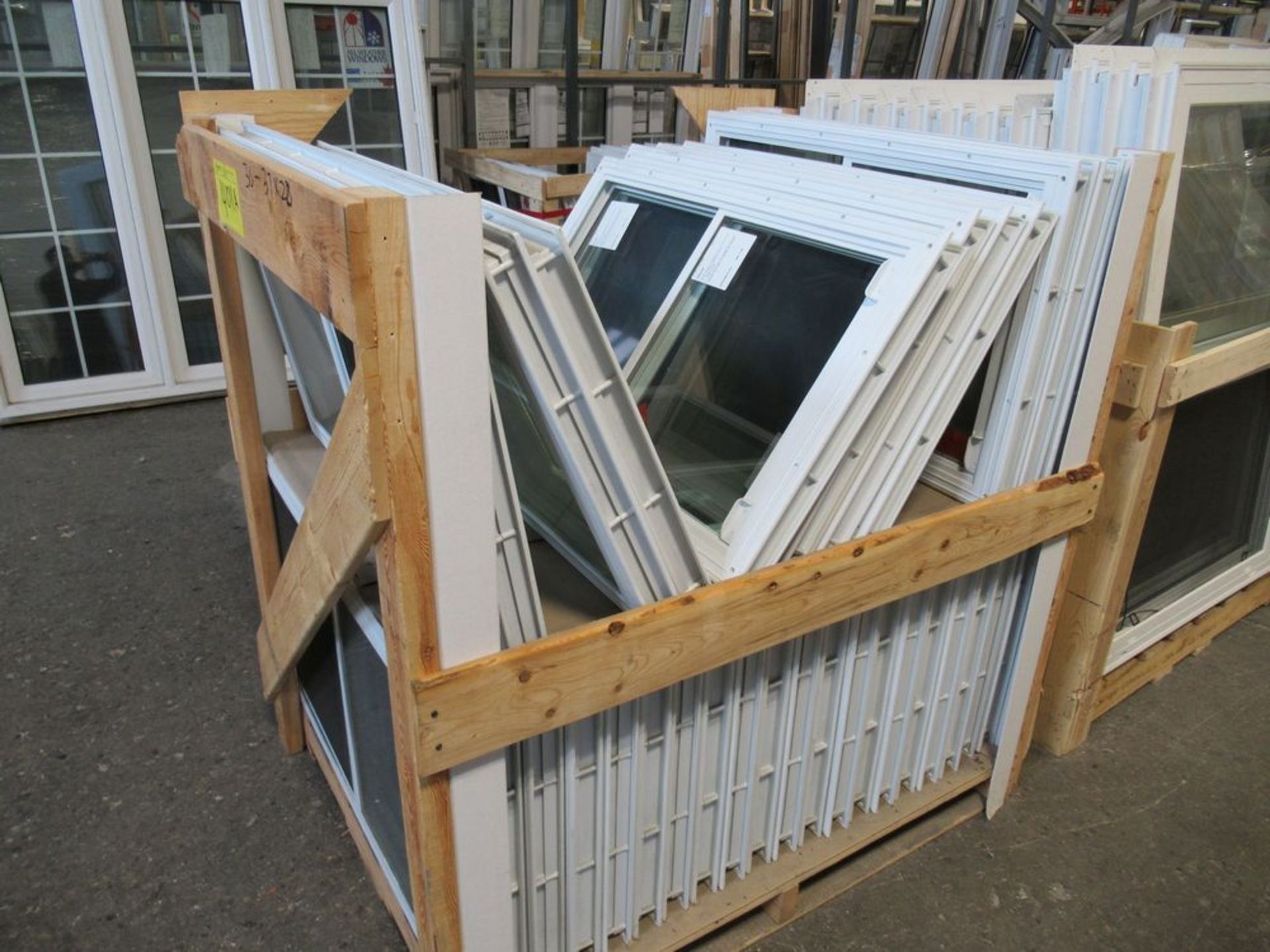41 PC. ASST. 30-37" X 22" APPROX. 11-65" X 21" APPROX. WHITE DOOR INSERTS, 2 CRATES