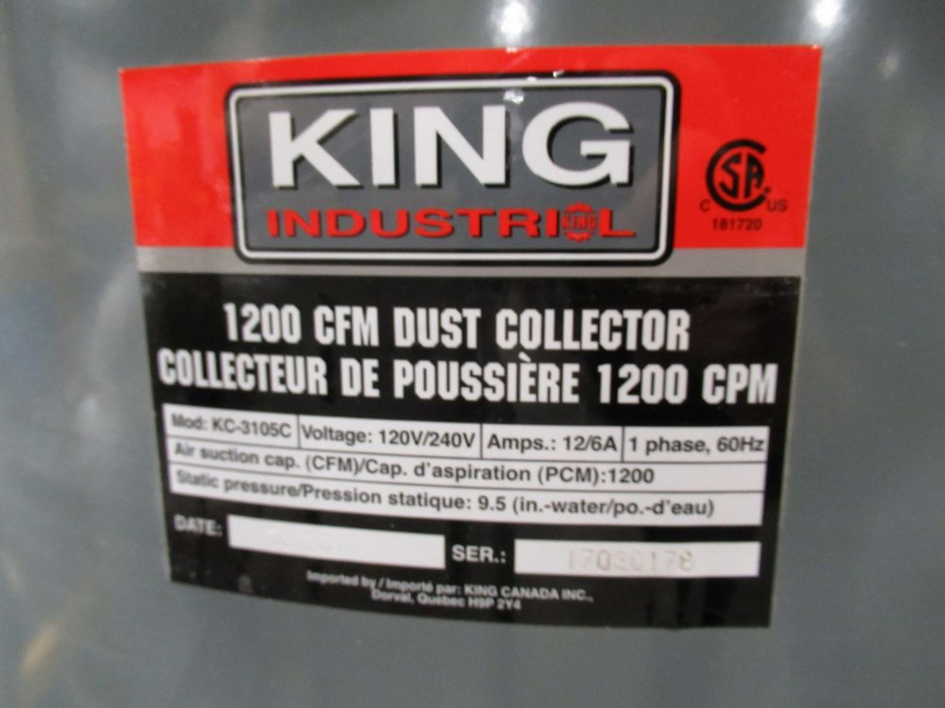 2017 KING INDUSTRIAL KC-3105C 1200 CFM 1.5HP APPROX. PORTABLE DUST COLLECTOR, S/N 17060178 - Image 3 of 4