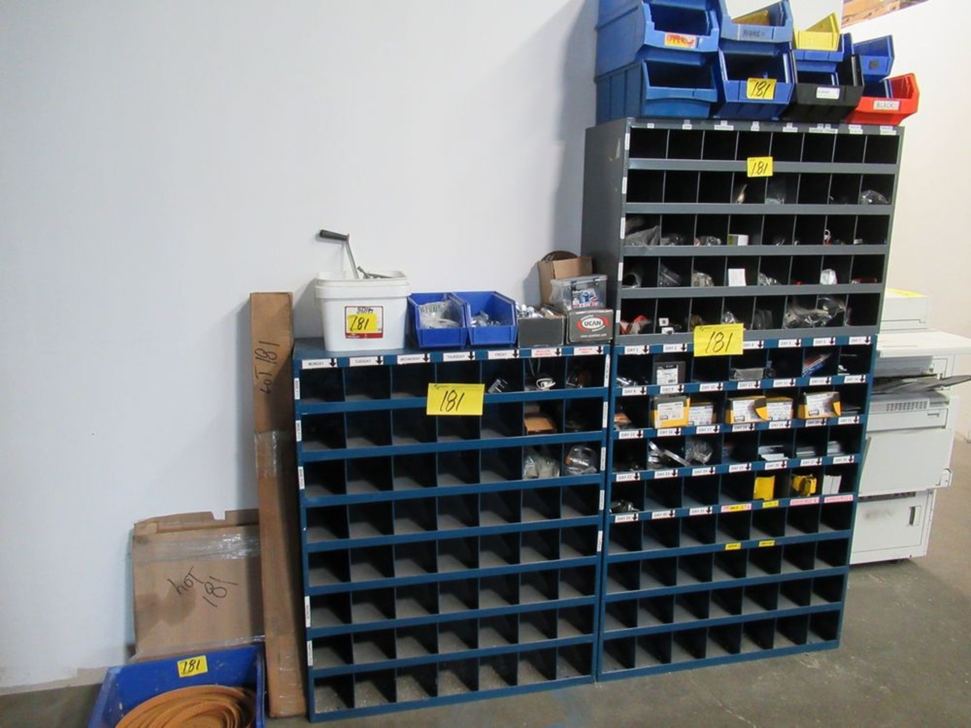 LOT ASST. BLUE PARTS BINS, W/ CONTENTS, BOLTS, NUTS, FASTENERS, ETC.