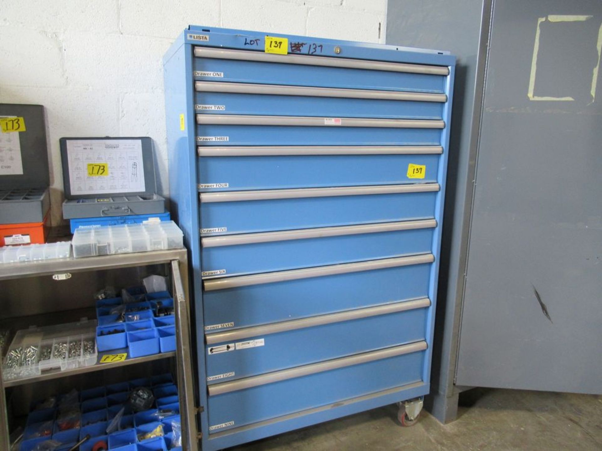 LISTA 9-DRAWER PORTABLE PARTS CABINET W/ CONTENTS, ELECTRICAL, PNEUMATIC PARTS, ETC.