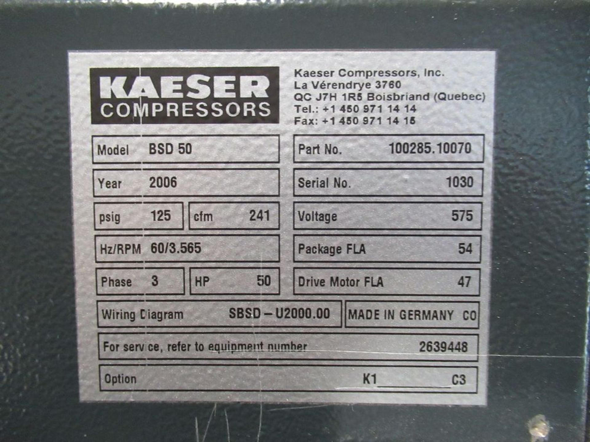 2006 KAESER BSD-50 50HP AIR COMPRESSOR W/ SIGMA CONTROL, S/N 1030 - Image 4 of 4