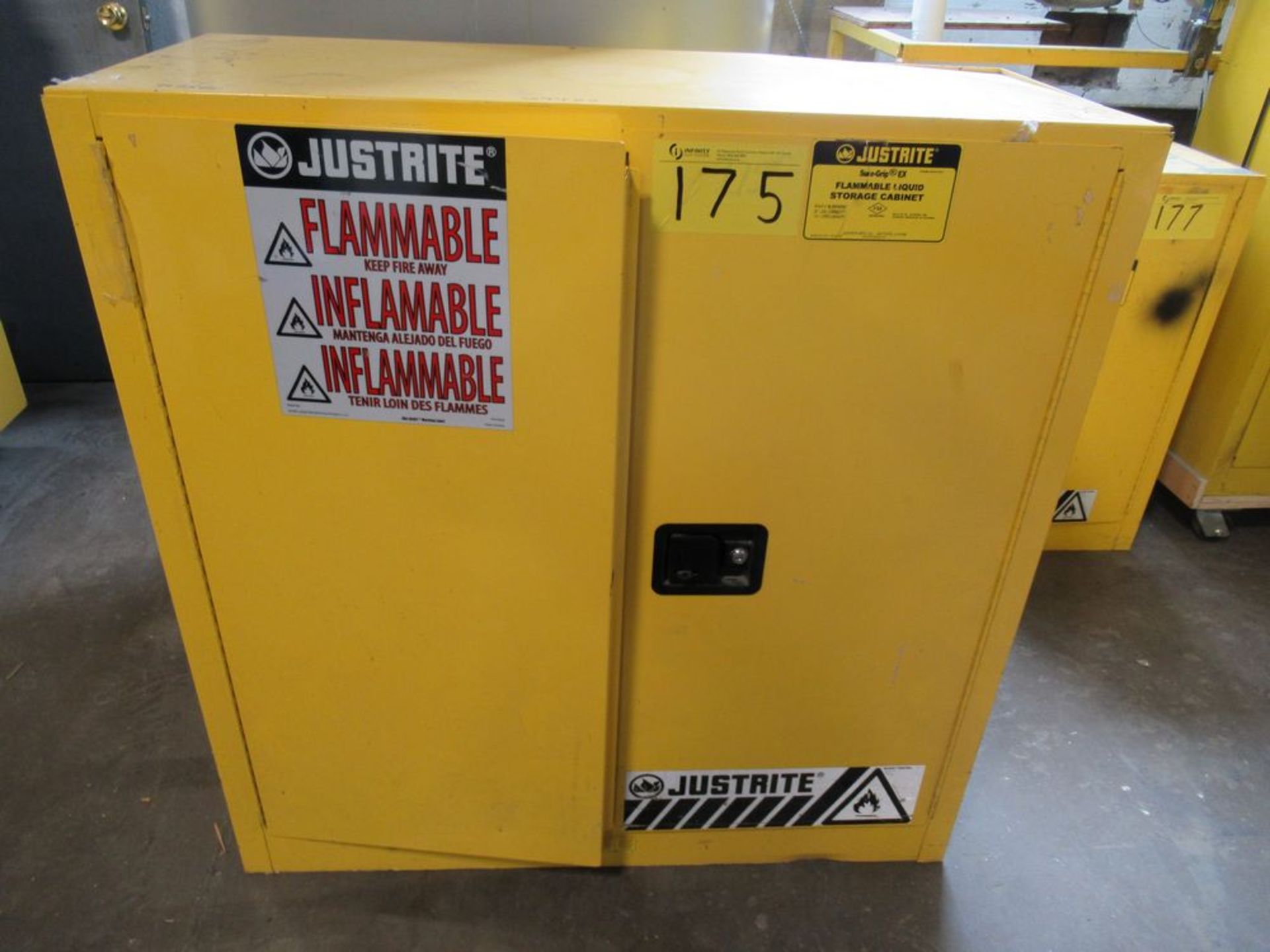 JUSTRITE 30 GAL CAP. FIREPROOF STORAGE CABINET W/ CONTENTS, PAINTS, ETC. - Image 2 of 3