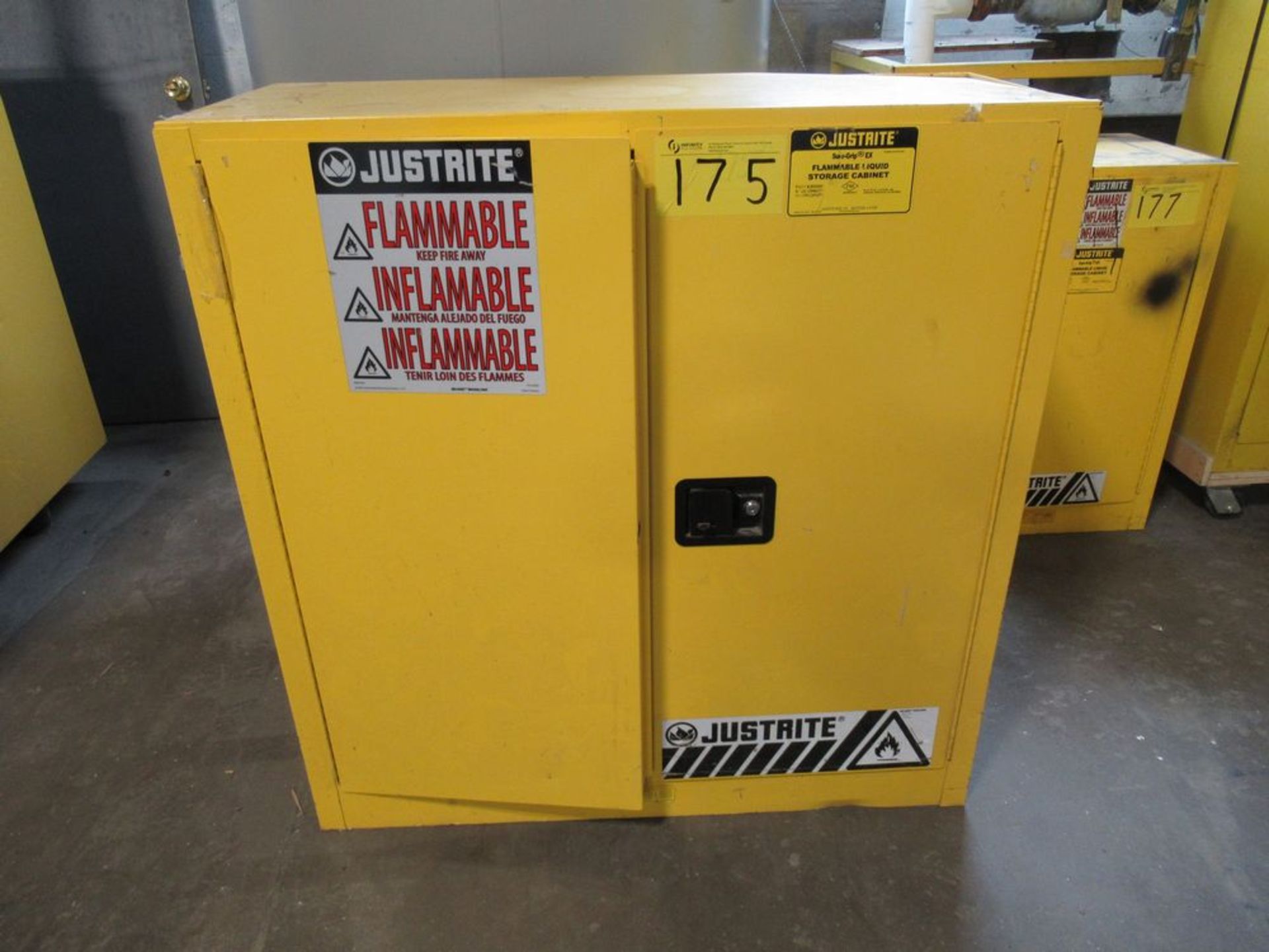 JUSTRITE 30 GAL CAP. FIREPROOF STORAGE CABINET W/ CONTENTS, PAINTS, ETC.