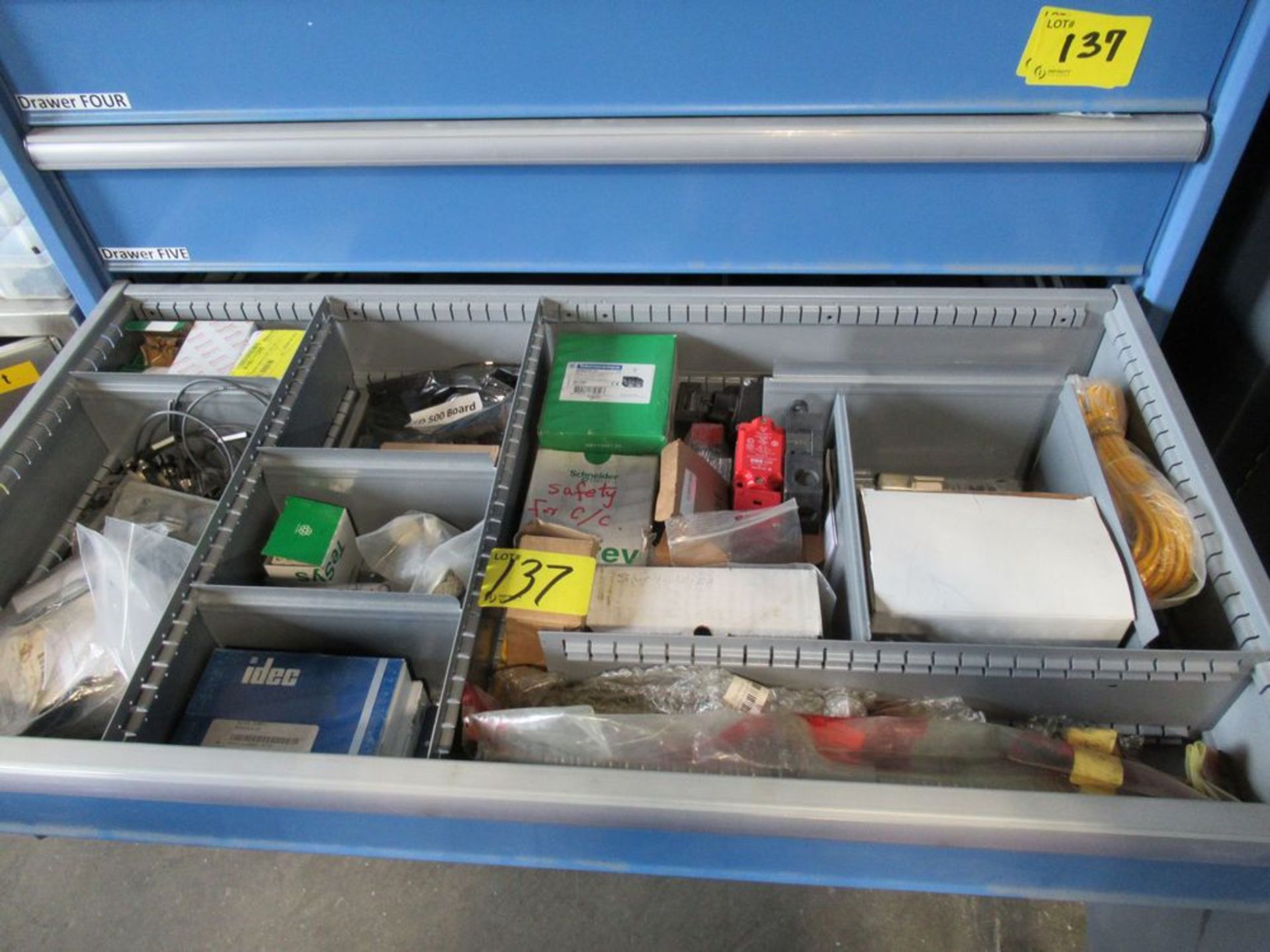 LISTA 9-DRAWER PORTABLE PARTS CABINET W/ CONTENTS, ELECTRICAL, PNEUMATIC PARTS, ETC. - Image 8 of 11