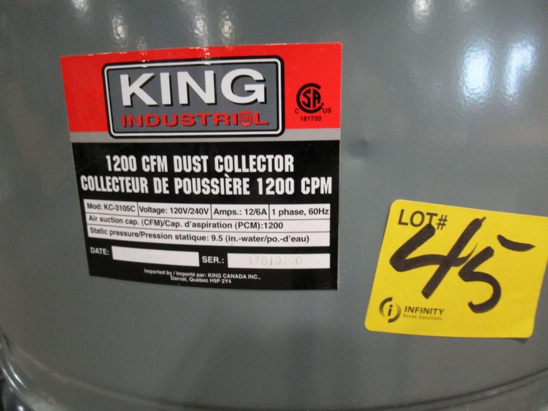 2017 KING INDUSTRIAL KC-3105C 1200 CFM 1.5HP APPROX. PORTABLE DUST COLLECTOR, S/N 17010100 - Image 3 of 4