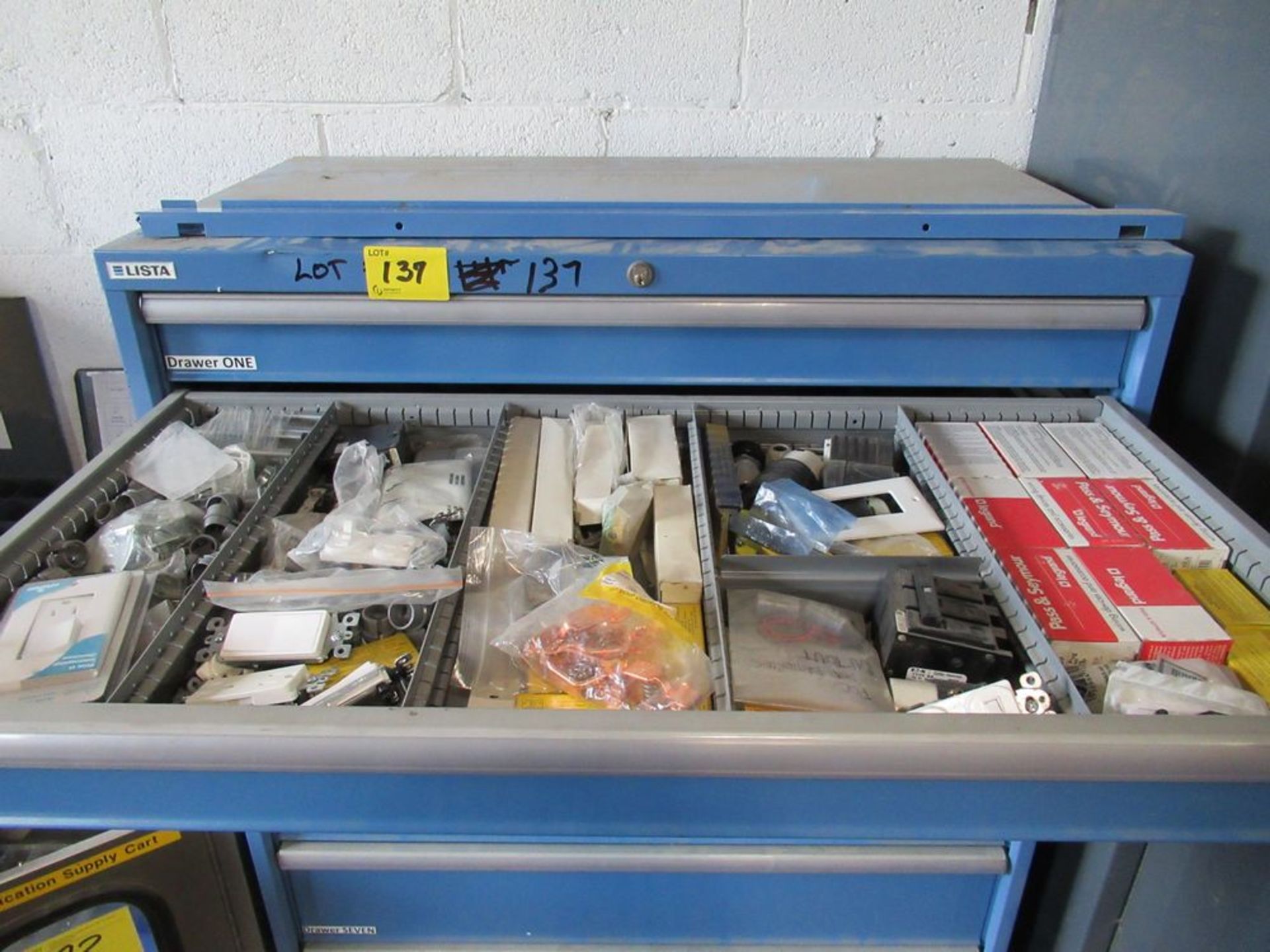 LISTA 9-DRAWER PORTABLE PARTS CABINET W/ CONTENTS, ELECTRICAL, PNEUMATIC PARTS, ETC. - Image 4 of 11