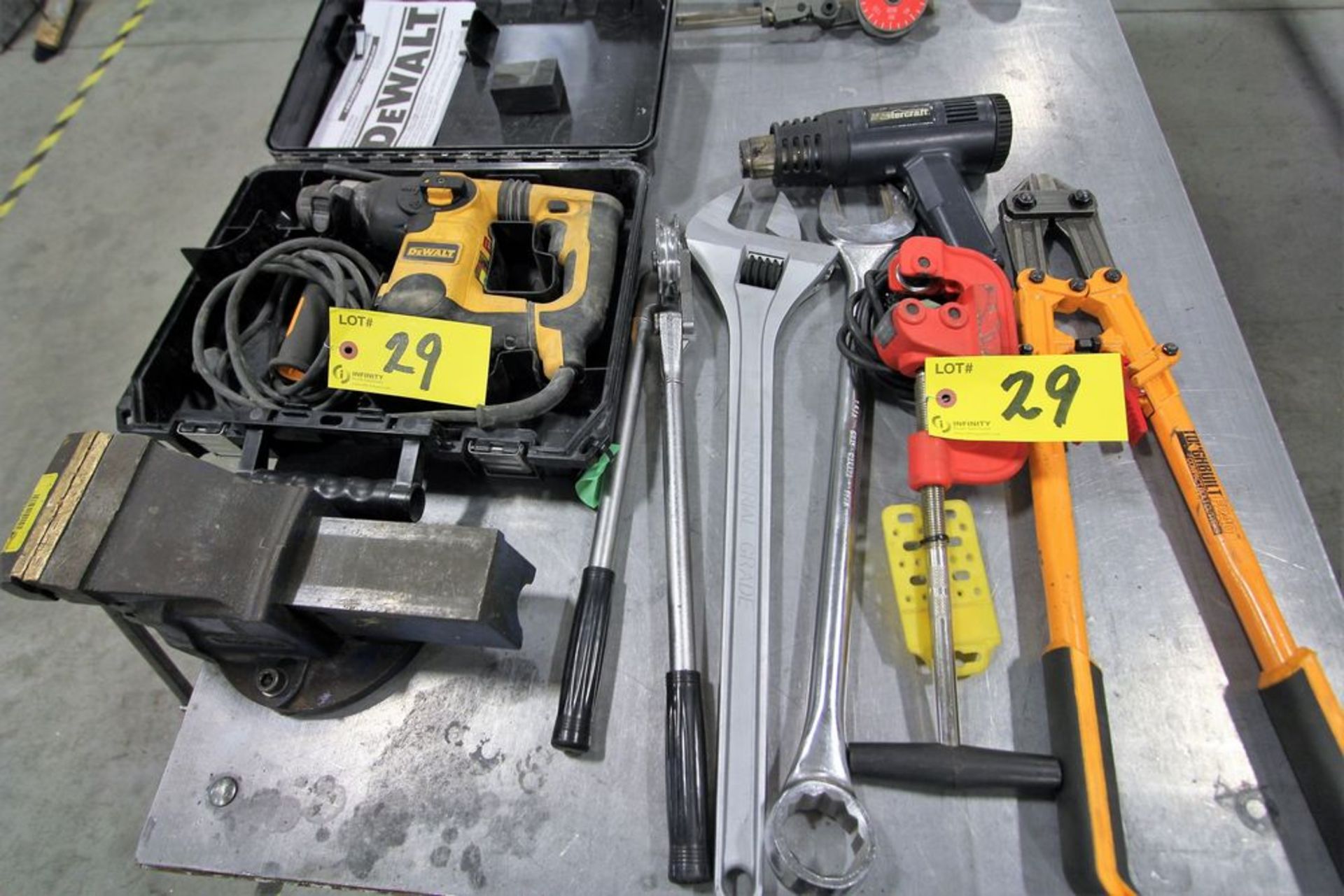 DEWALT HAMMER DRILL, LARGE CRESCENT WRENCH, BOLT CUTTER, PIPE CUTTER, TUBE BENDER, COMBINATION