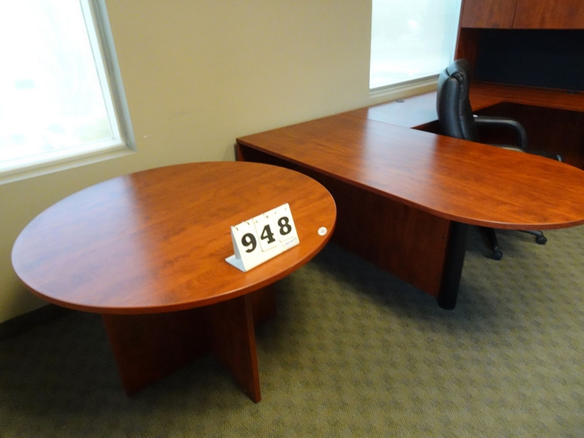 U SHAPED DESK W/STORAGE UNIT, BOOKSHELF, ROUND TABLE AND HIGH BACK ARM CHAIR - Image 3 of 3