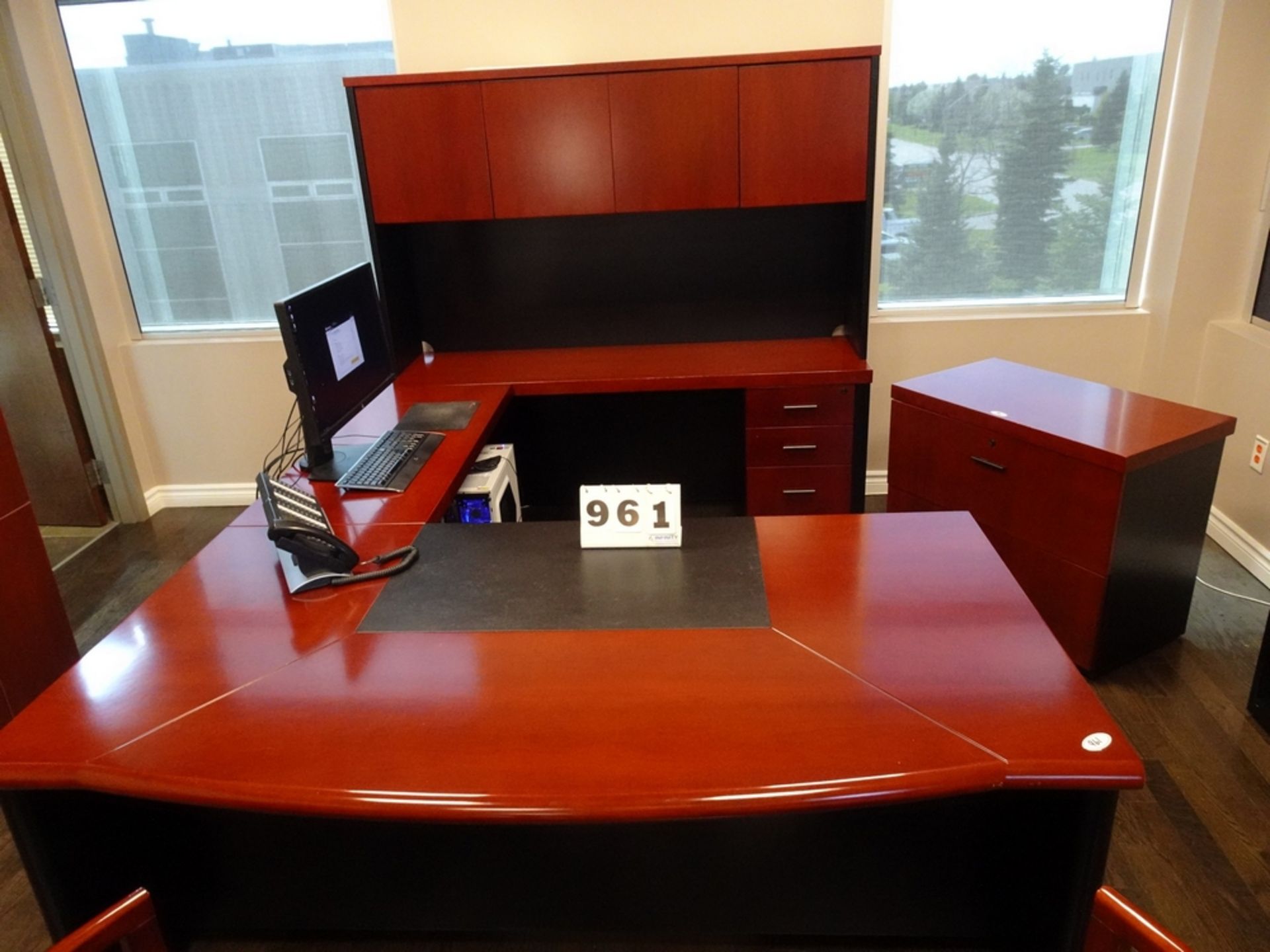 PRESIDENT OFFICE SUITE CONSISTING OF U SHAPED DESK, W/STORAGE, 2 DRAWER LATERAL FILING CABINET, - Image 2 of 8