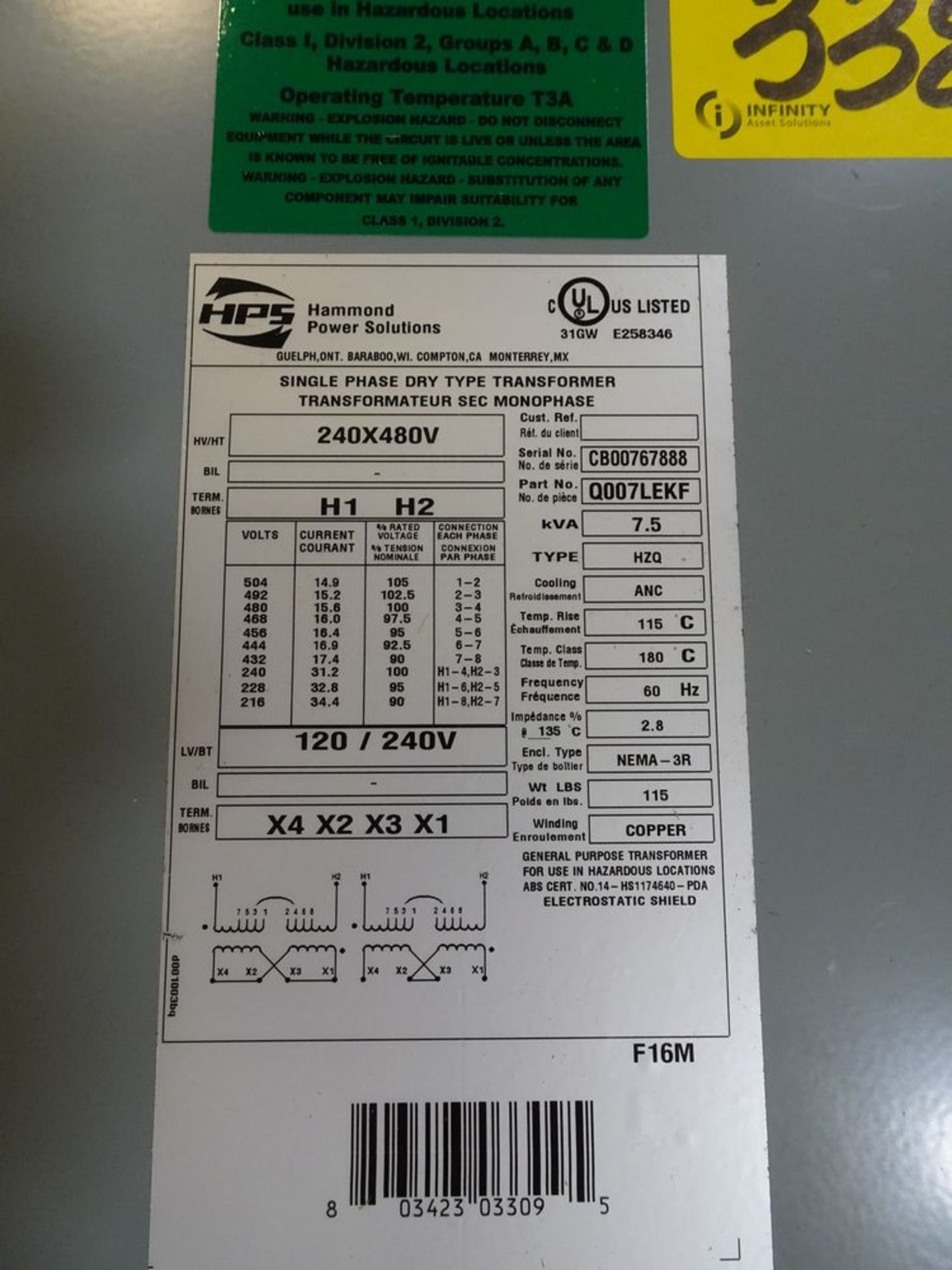 HPS 7.5 SINGLE PHASE DRY TYPE TRANSFORMER W/CART - Image 2 of 3