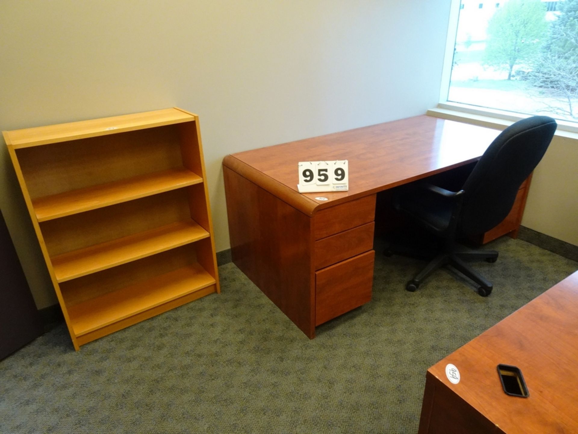 OFFICE FURNISHINGS CONSISTING OF 2 DESKS, CREDENZA, BOOKSHELF, 2 STENO CHAIRS, WALL BOARD AND CHAIR - Image 2 of 3