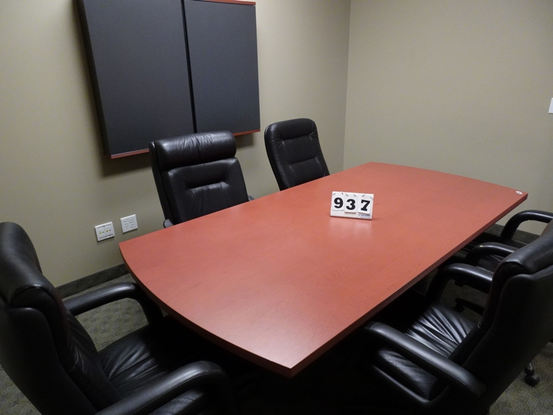 SMALLER BOARDROOM TABLE W/5 BLACK, HIGH BACK CHAIRS AND WALL MOUNTED WHITE BOARD