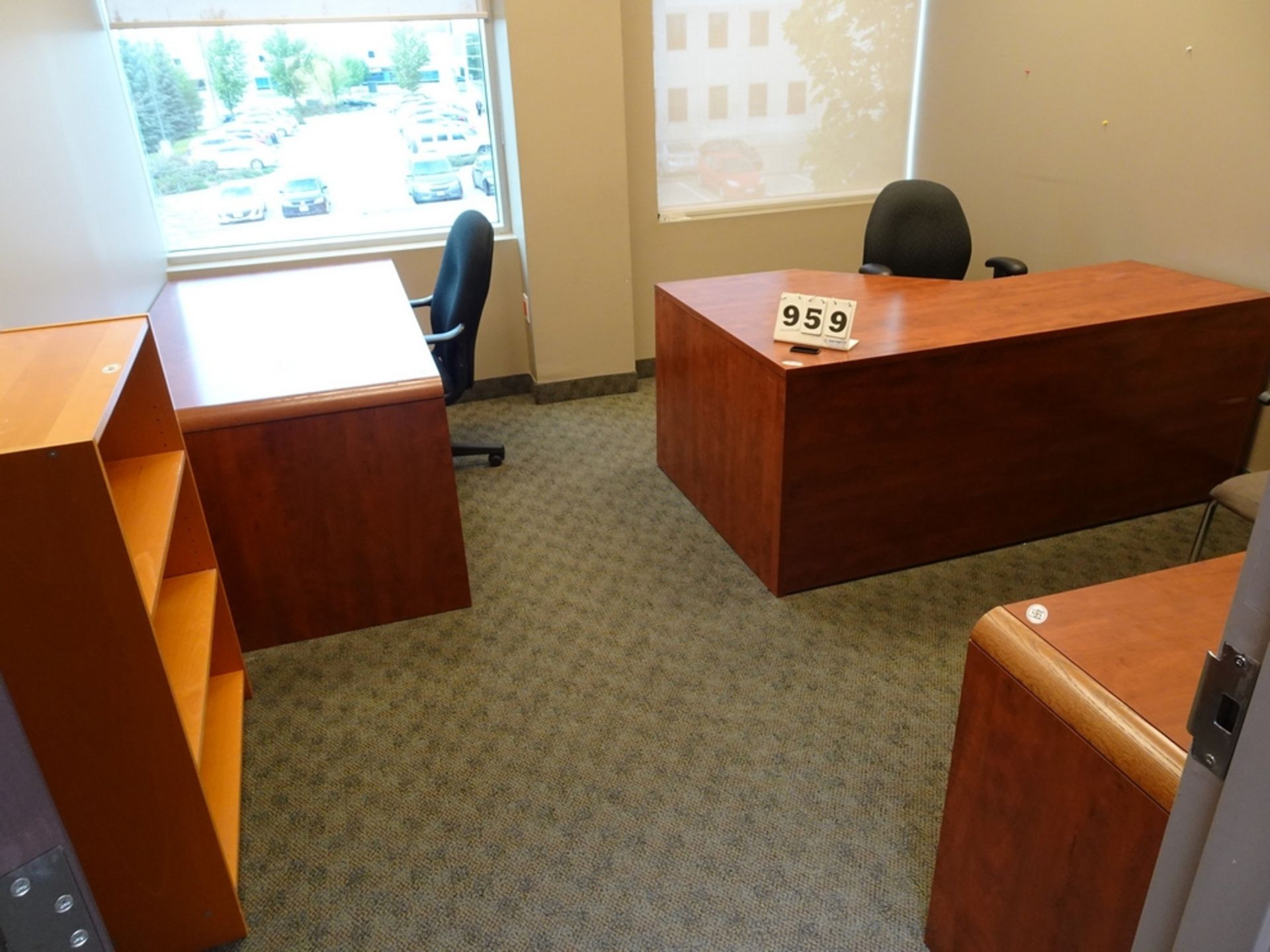 OFFICE FURNISHINGS CONSISTING OF 2 DESKS, CREDENZA, BOOKSHELF, 2 STENO CHAIRS, WALL BOARD AND CHAIR