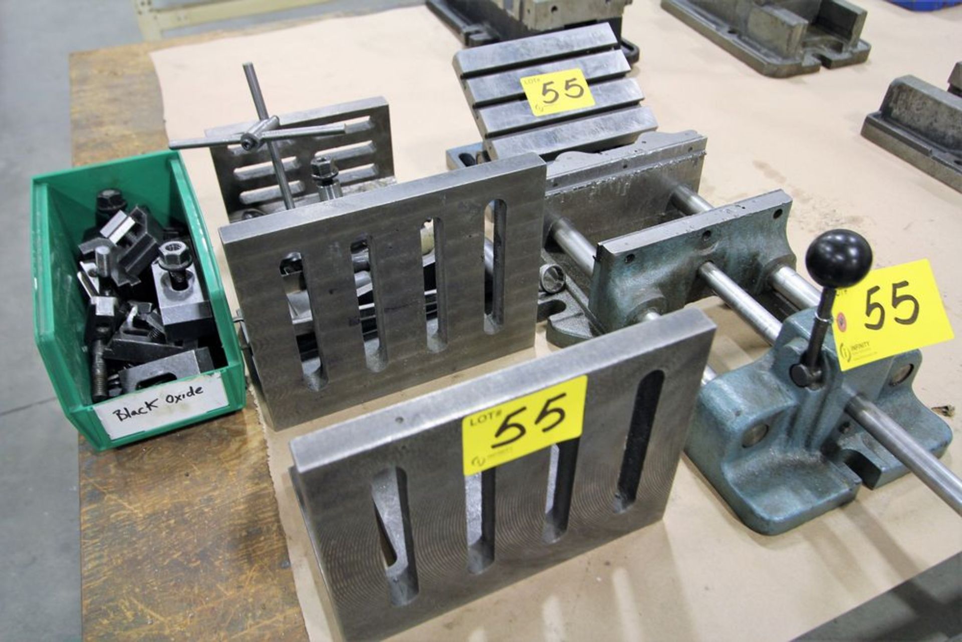 ASSORTED HOLD DOWNS, ANGLE PLATES, VISE