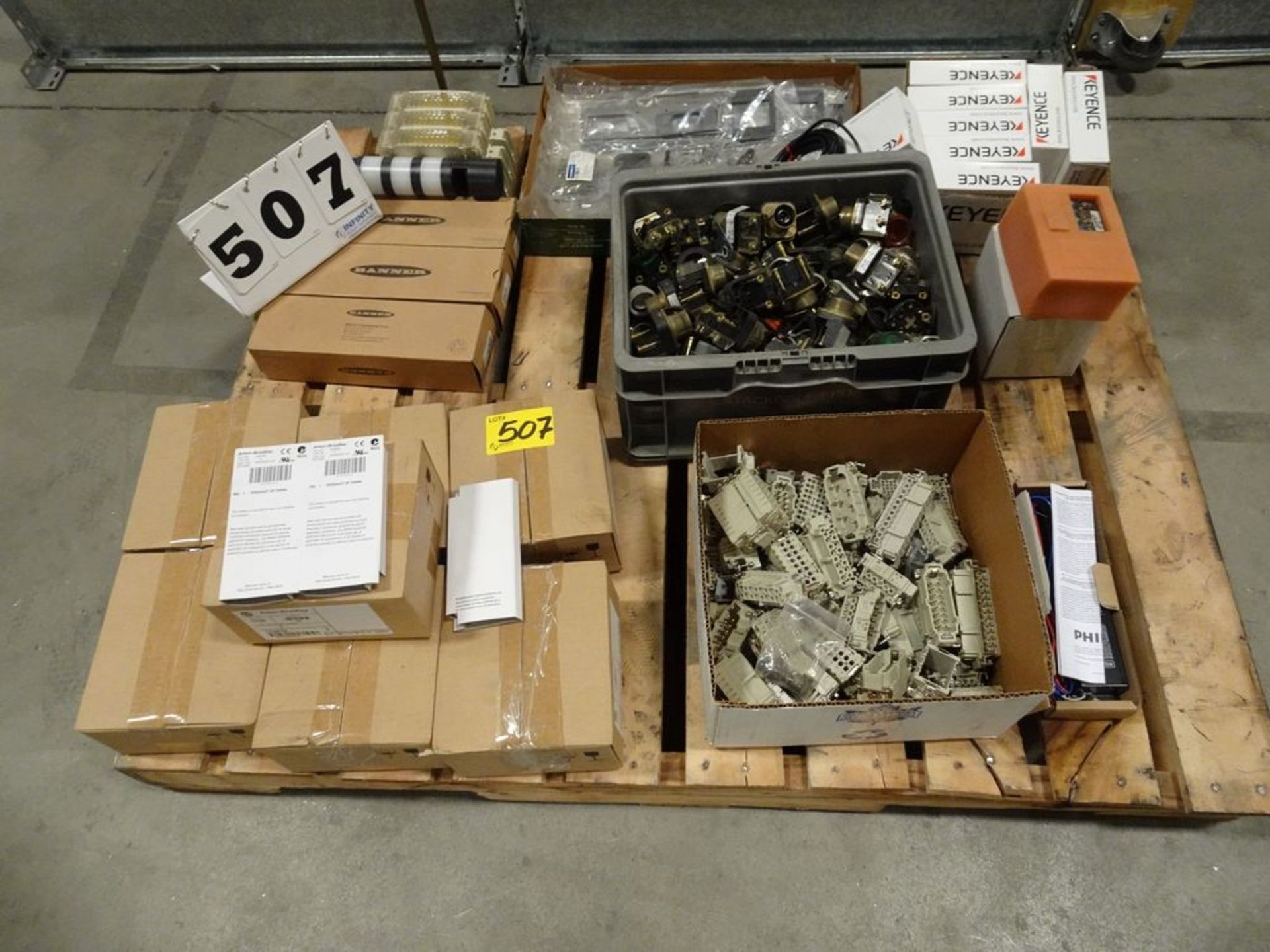 PALLET OF ASSORTED KEYENCE PRODUCT, ALLEN-BRADLEY SWITCHES, RELAYS, ETC.