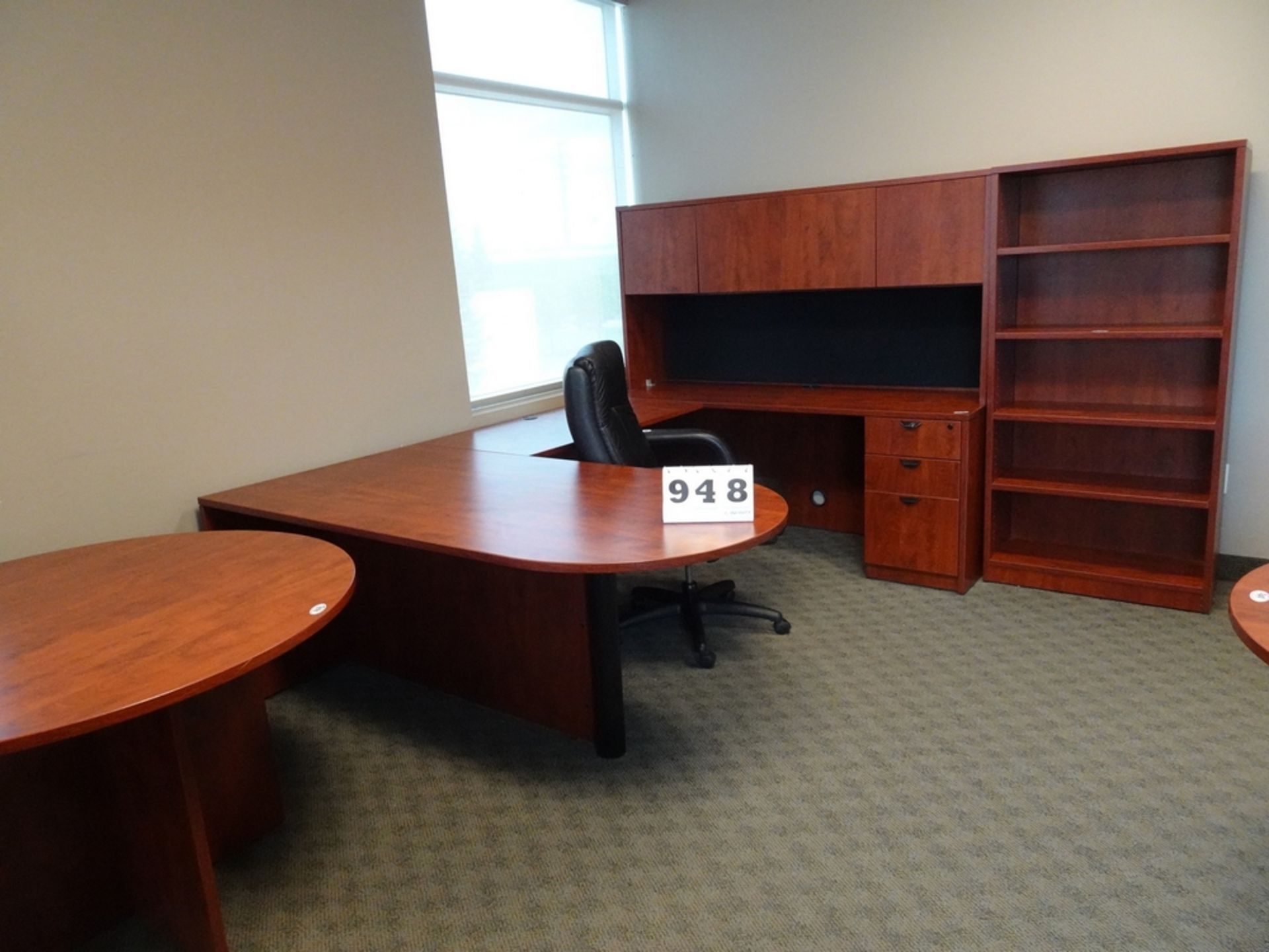 U SHAPED DESK W/STORAGE UNIT, BOOKSHELF, ROUND TABLE AND HIGH BACK ARM CHAIR