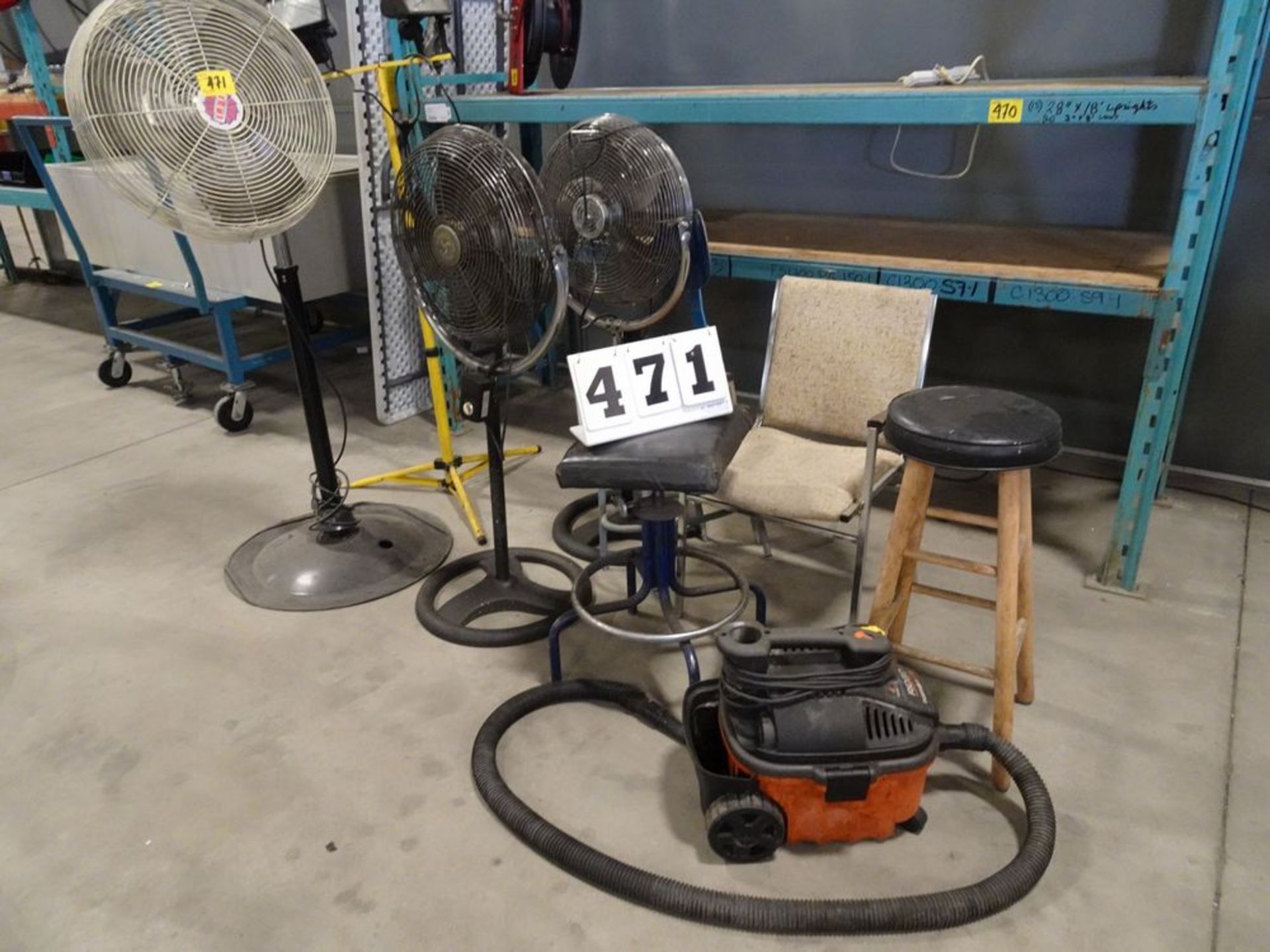LOT OF 3 FLOOR FANS, STOOLS AND VACUUM