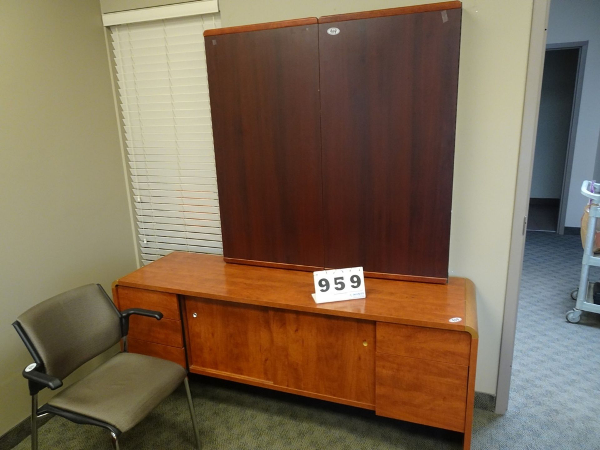 OFFICE FURNISHINGS CONSISTING OF 2 DESKS, CREDENZA, BOOKSHELF, 2 STENO CHAIRS, WALL BOARD AND CHAIR - Image 3 of 3