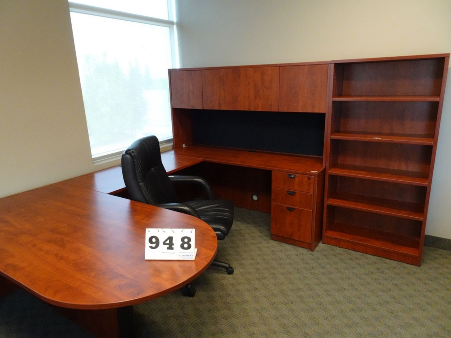 U SHAPED DESK W/STORAGE UNIT, BOOKSHELF, ROUND TABLE AND HIGH BACK ARM CHAIR - Image 2 of 3