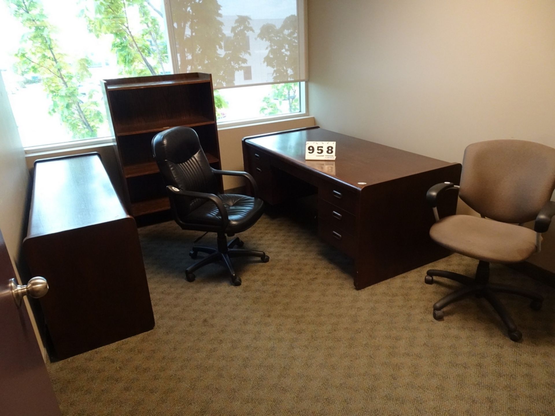 OFFICE ASSETS CONSISTING OF DESK, CREDENZA, BOOKSHELF AND 2 CHAIRS