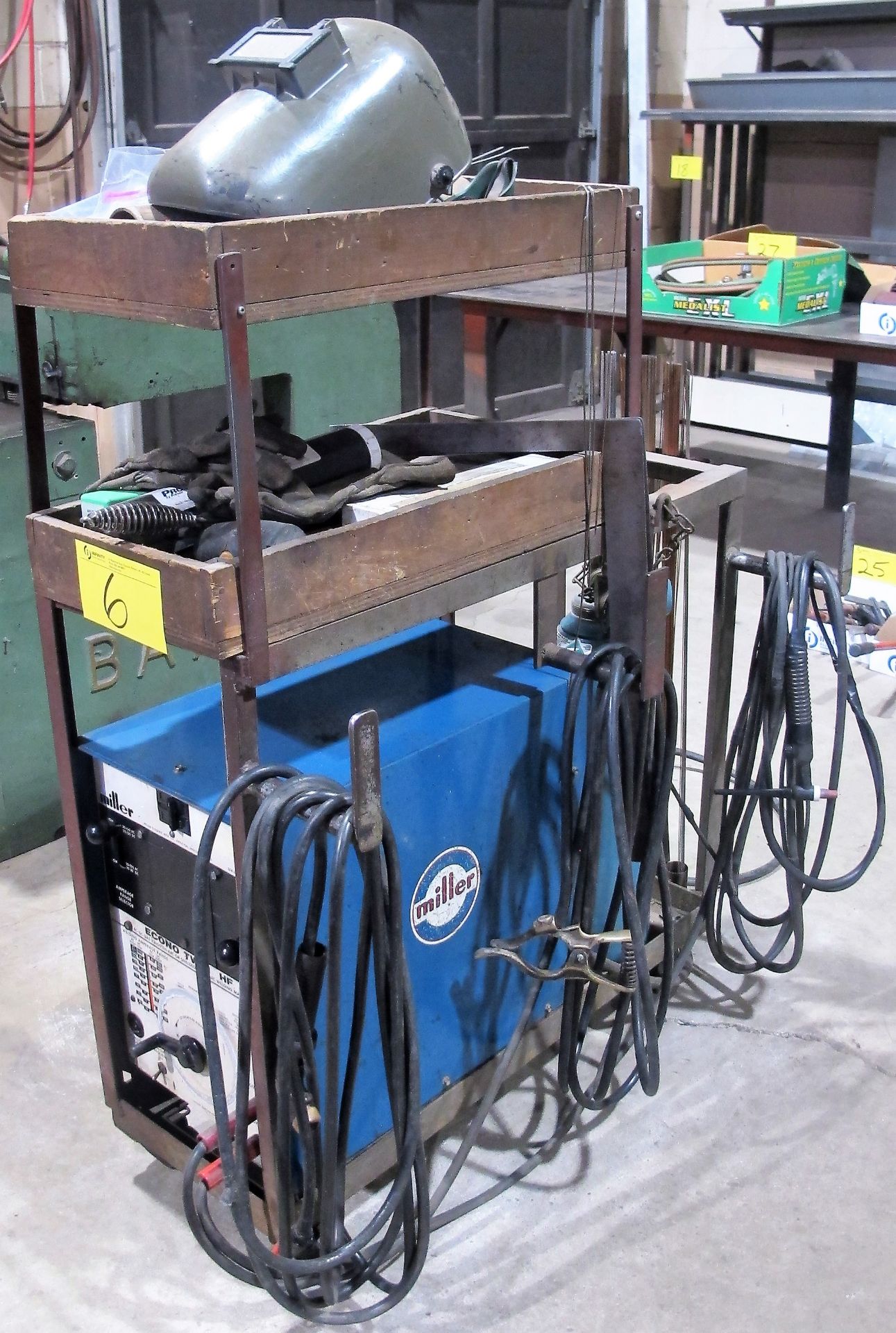 MILLER ECONO TWIN HF WELDER W/ CABLES, GUN, CART, ASST. SUPPLIES, ETC. (NO TANK) - Image 2 of 2