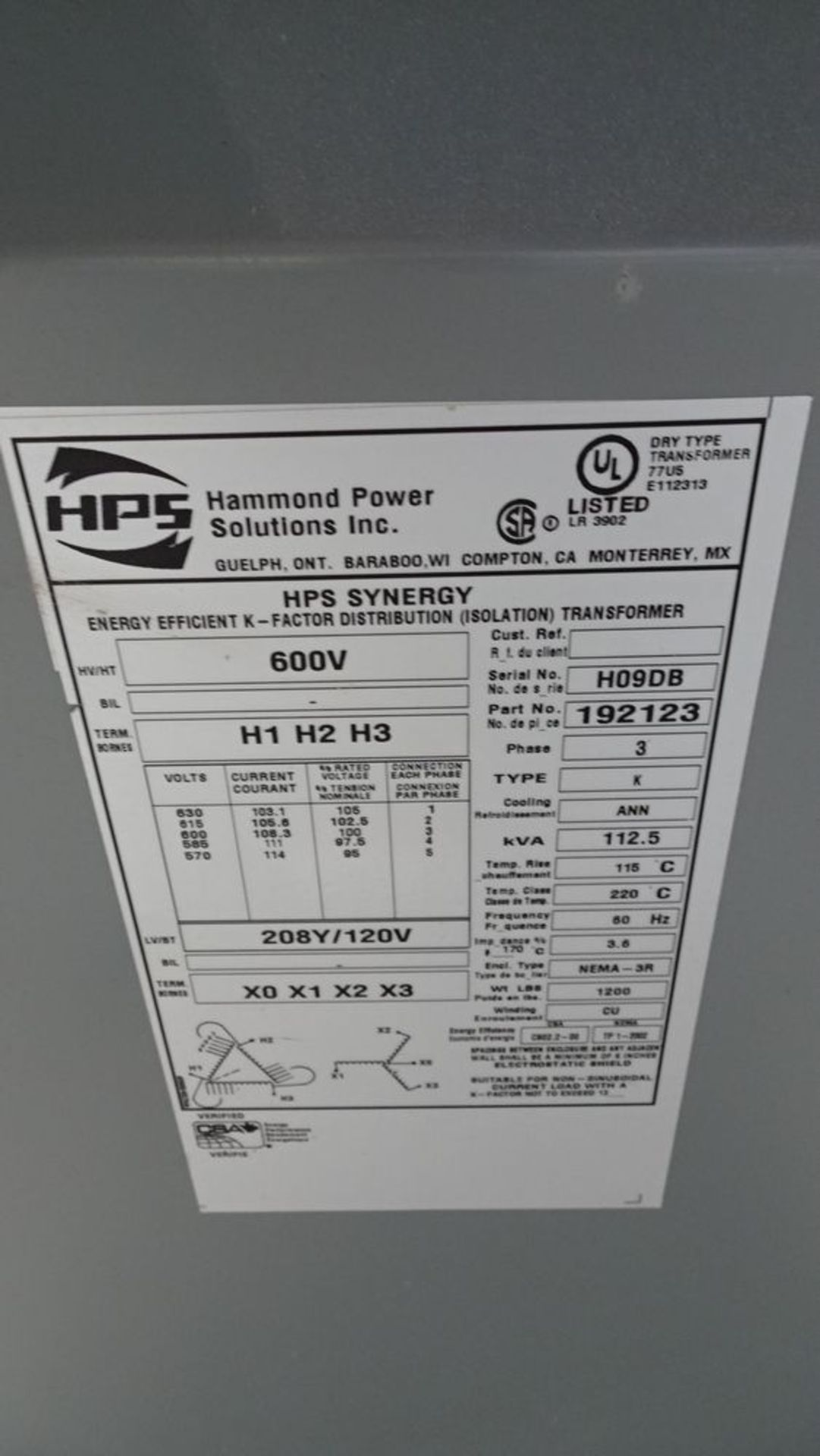 HAMMOND POWER SOLUTIONS 112.5KVA TRANSFORMER (REUTER) - Image 2 of 2