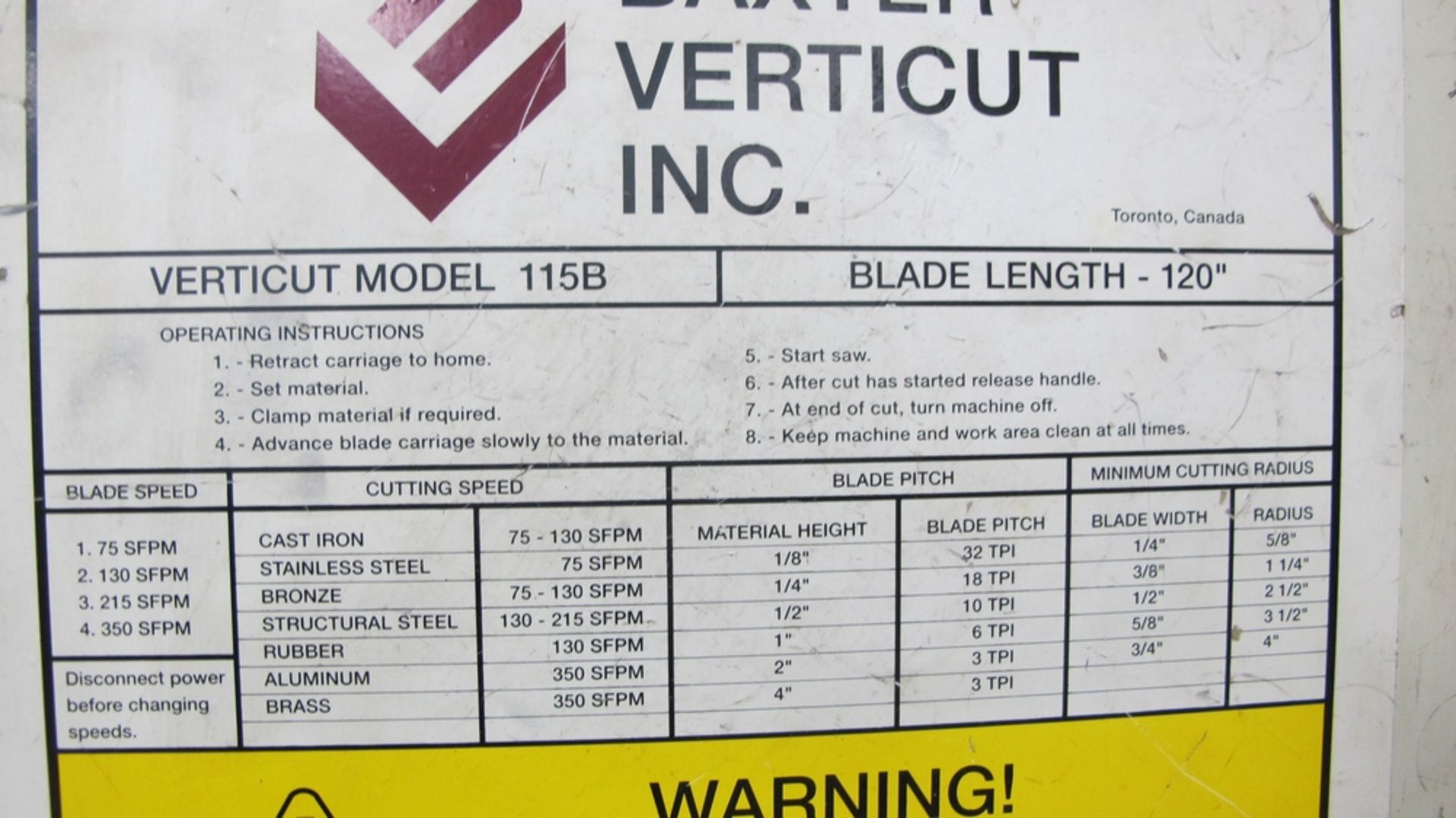 LOT OF BAXTER VERTICUT VERTICAL BANDSAW, 115B, 115 VOLTS, S/N 5838 (100 SHIRLEY AVE KITCHENER) - Image 3 of 4