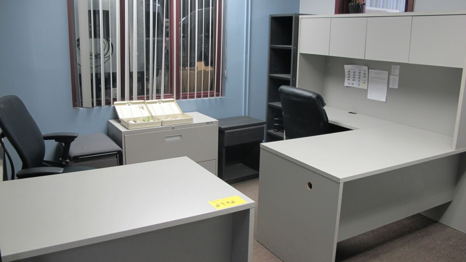 LOT OF 2 L SHAPED WORK STATIONS, 2 CHAIRS, FOLDING TABLE, 2 FILE CABINETS, BOOKCASE AND ARTIFICIAL