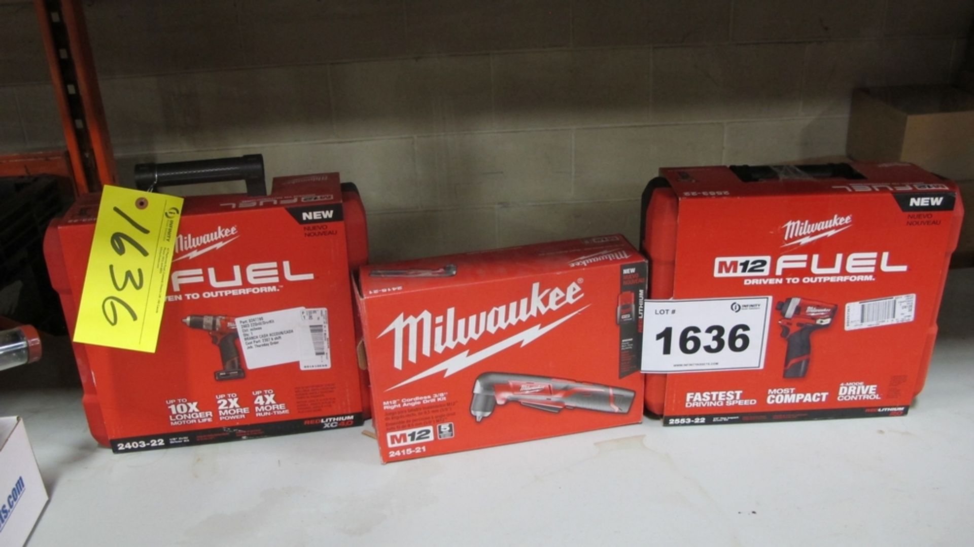 LOT OF MILWAUKEE M12 FUEL IMPACT WRENCH, RIGHT ANGLE DRILL AND DRIVER (100 SHIRLEY AVE KITCHENER)