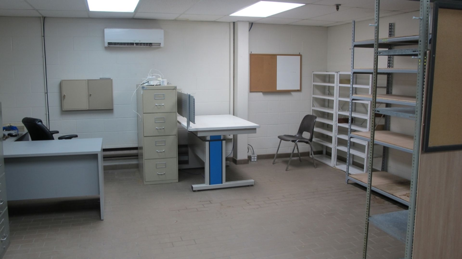 LOT OF CONTENTS OF MAINTENANCE OFFICE (6 SHELVING UNITS, 2 DESKS, 2 CHAIRS AND 2 FILE CABINETS) (100