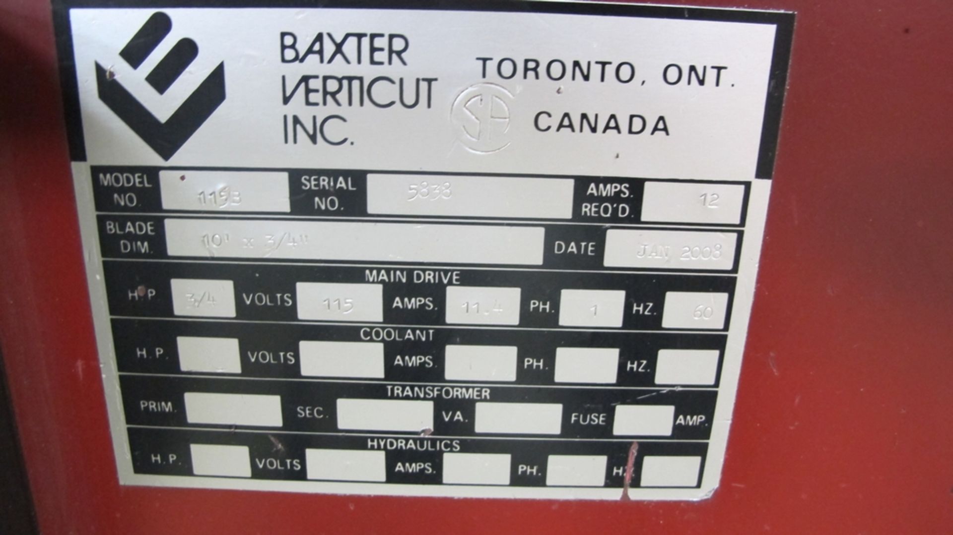 LOT OF BAXTER VERTICUT VERTICAL BANDSAW, 115B, 115 VOLTS, S/N 5838 (100 SHIRLEY AVE KITCHENER) - Image 2 of 4